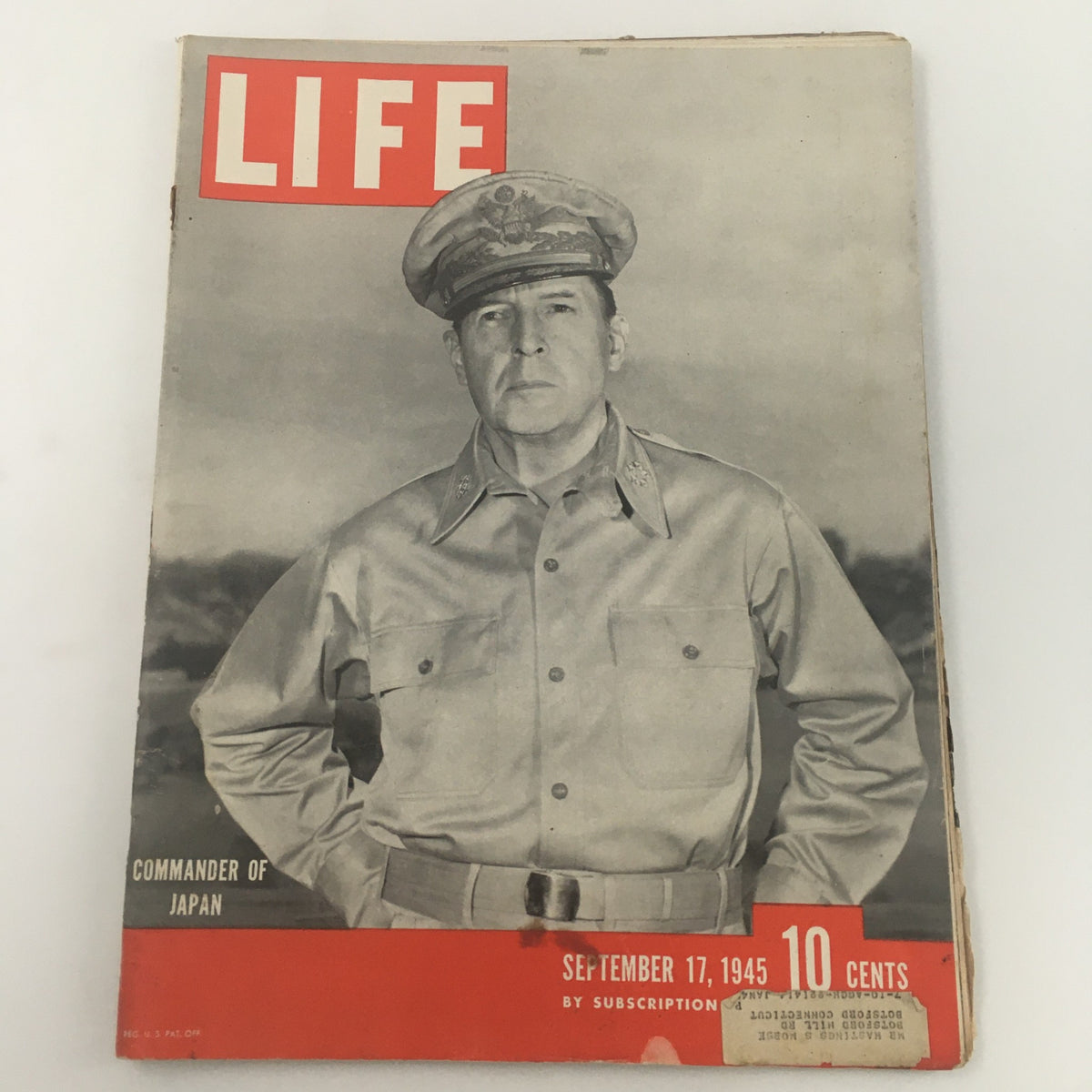 Cover of VTG Life Magazine from September 17, 1945, featuring Commander Douglas MacArthur, labeled 'LIFE'. The magazine showcases historical significance with wear and an address label on the front.