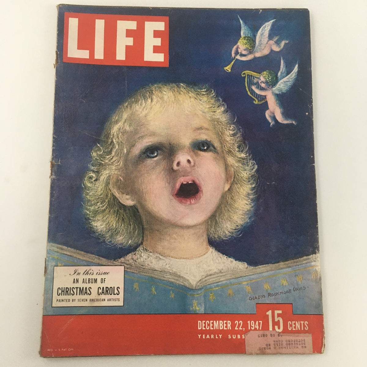 VTG Life Magazine December 22 1947 cover featuring a painted scene by Steven, depicting a young child singing carols with angels playing musical instruments in a festive holiday setting.