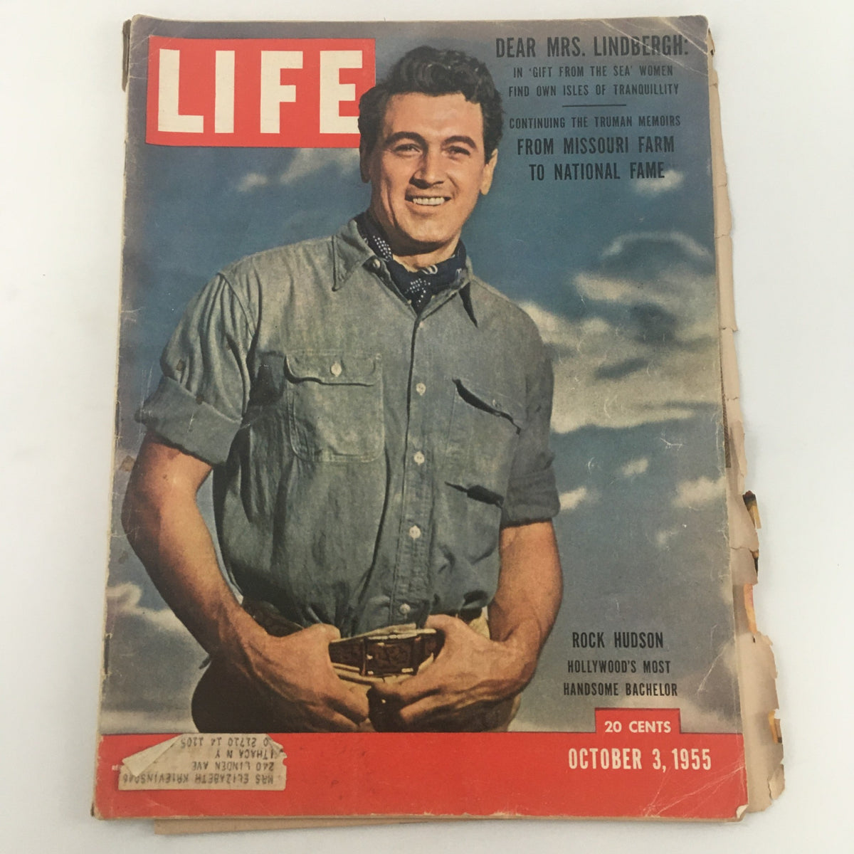 VTG Life Magazine October 3 1955 featuring Rock Hudson on the cover, showcasing his charming image as Hollywood's most handsome bachelor.