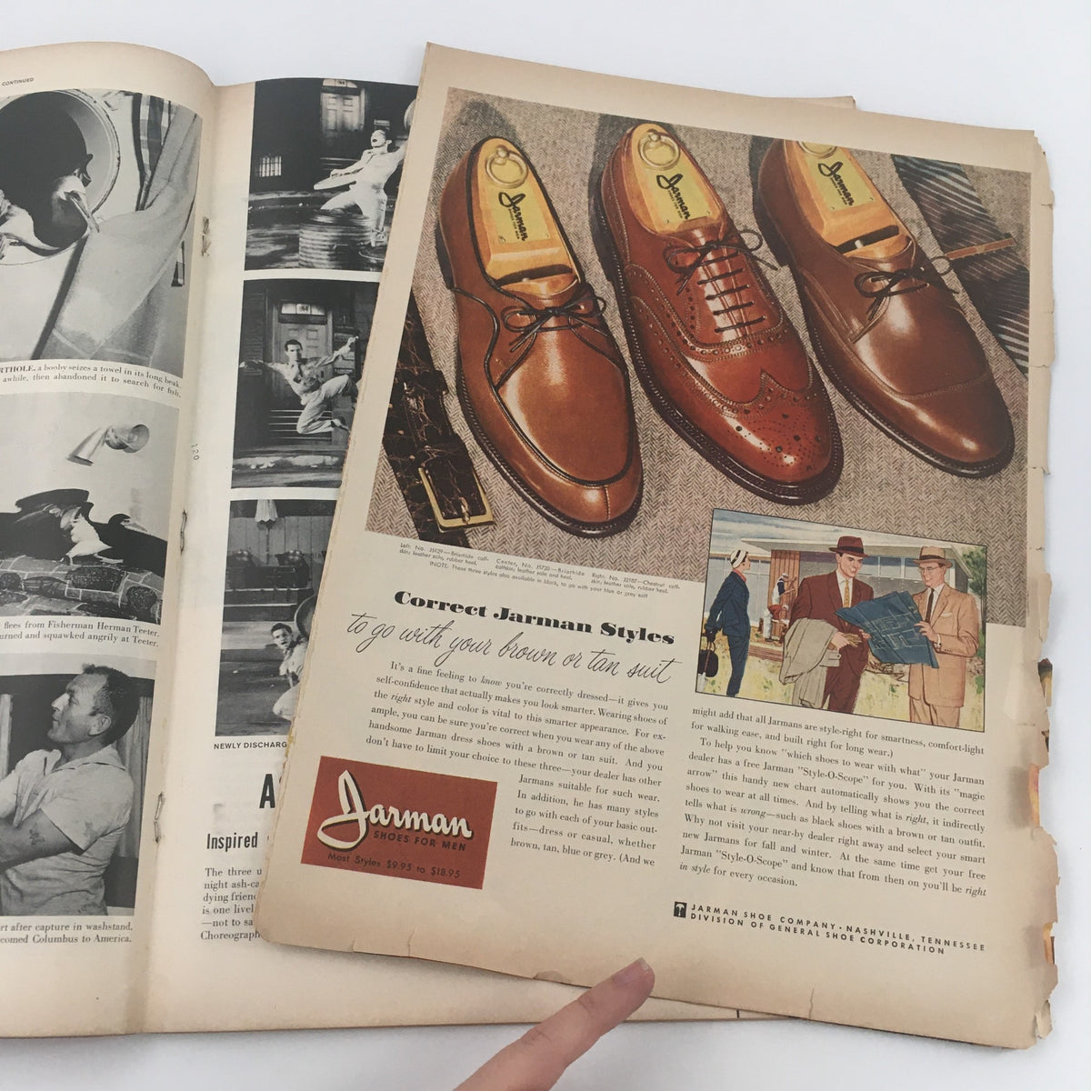 Interior page from VTG Life Magazine October 3 1955 featuring an advertisement for Jarman shoes, highlighting fashion styles of the 1950s.