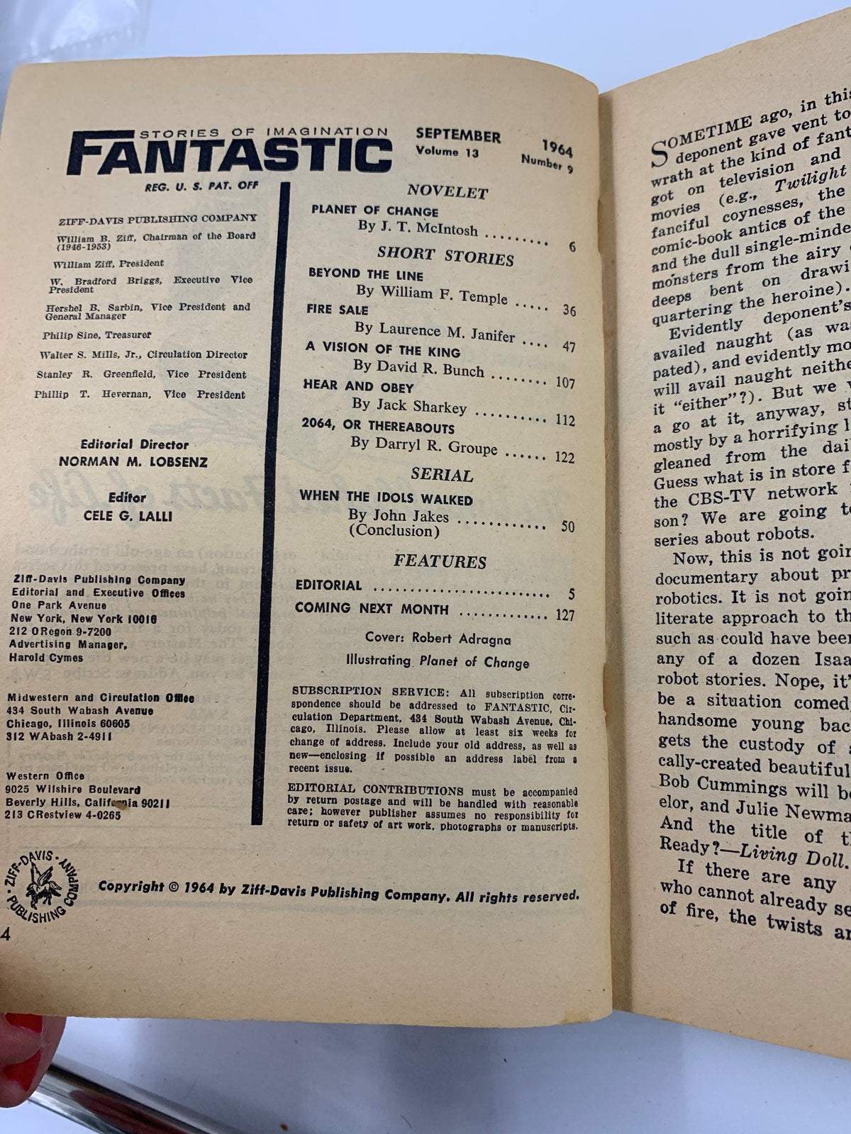 Inside page of VTG Stories of Imagination Fantastic September 1964 detailing the table of contents. Features stories including 'Planet of Change' by J. T. McIntosh and editorial notes.