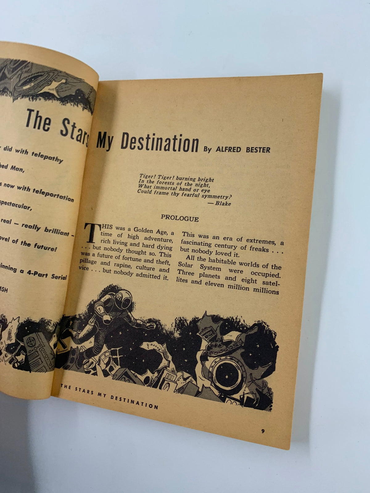 Opening page of 'The Stars My Destination' by Alfred Bester in VTG Galaxy Science Fiction Magazine October 1956, displaying classic typography and illustrations characteristic of 1950s science fiction literature.