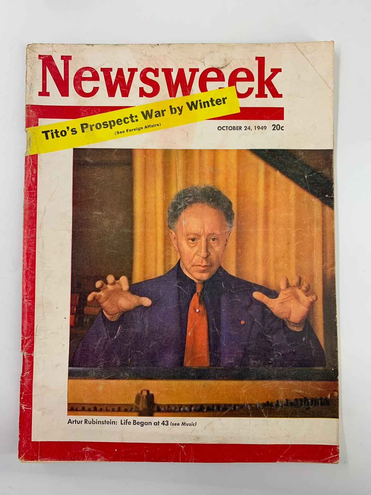 Cover of VTG Newsweek Magazine dated October 24, 1949 featuring an image of Artur Rubenstein with the caption 'Life Began at 43' and headline 'Tito's Prospect: War by Winter'