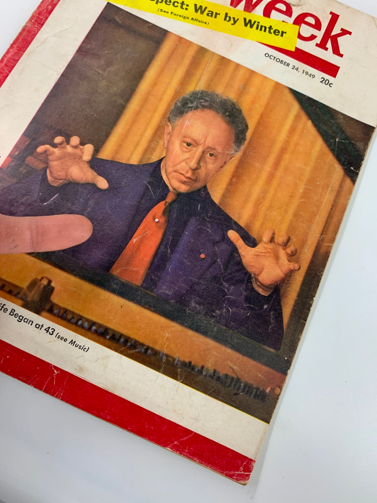 Close-up view of the VTG Newsweek Magazine cover from October 24, 1949 showcasing Artur Rubenstein's image, with visible condition issues and the headline 'Tito's Prospect: War by Winter'