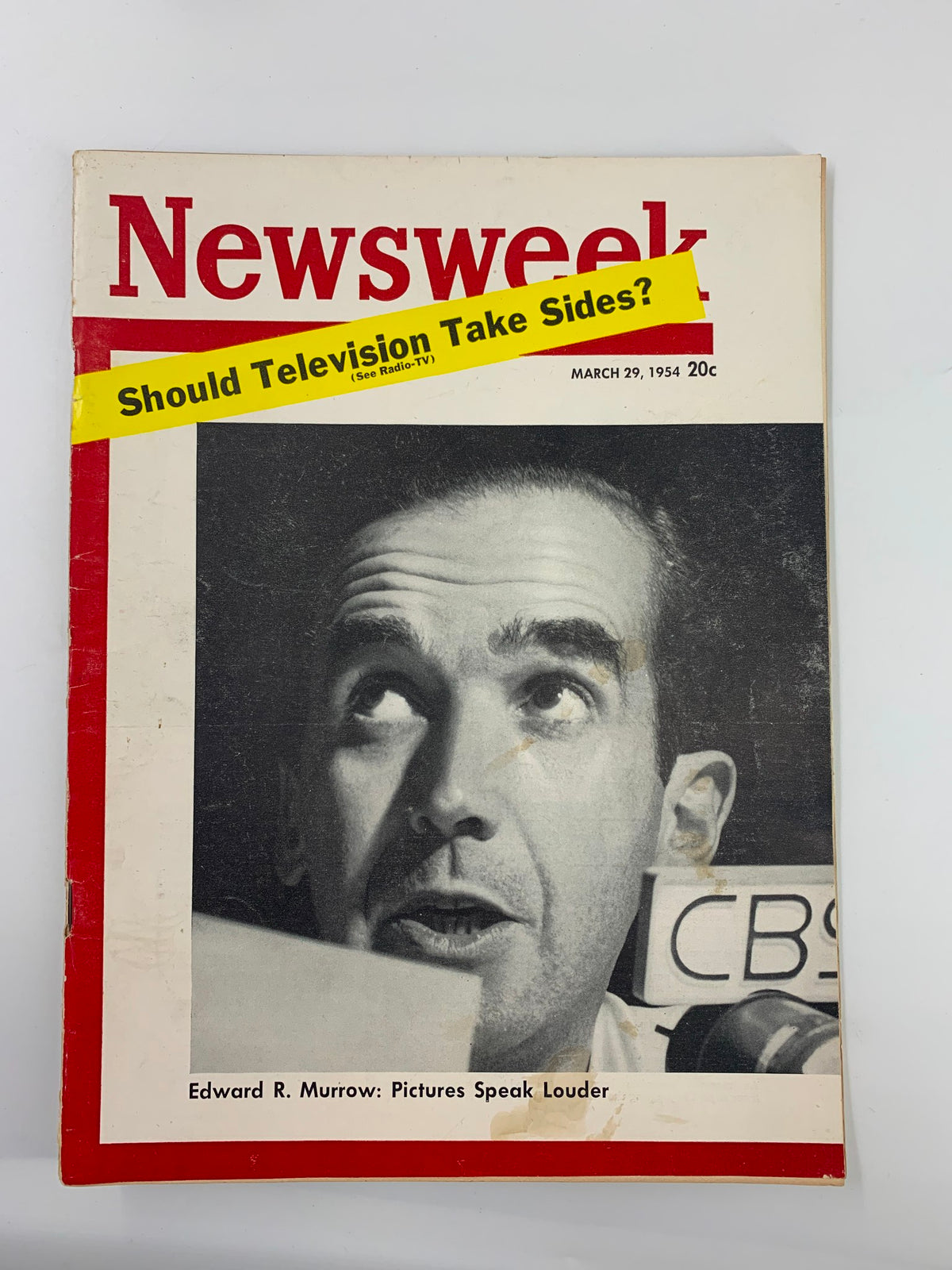 VTG Newsweek Magazine March 29 1954 featuring Edward R. Murrow on the cover with the question 'Should Television Take Sides?' highlighted in yellow.
