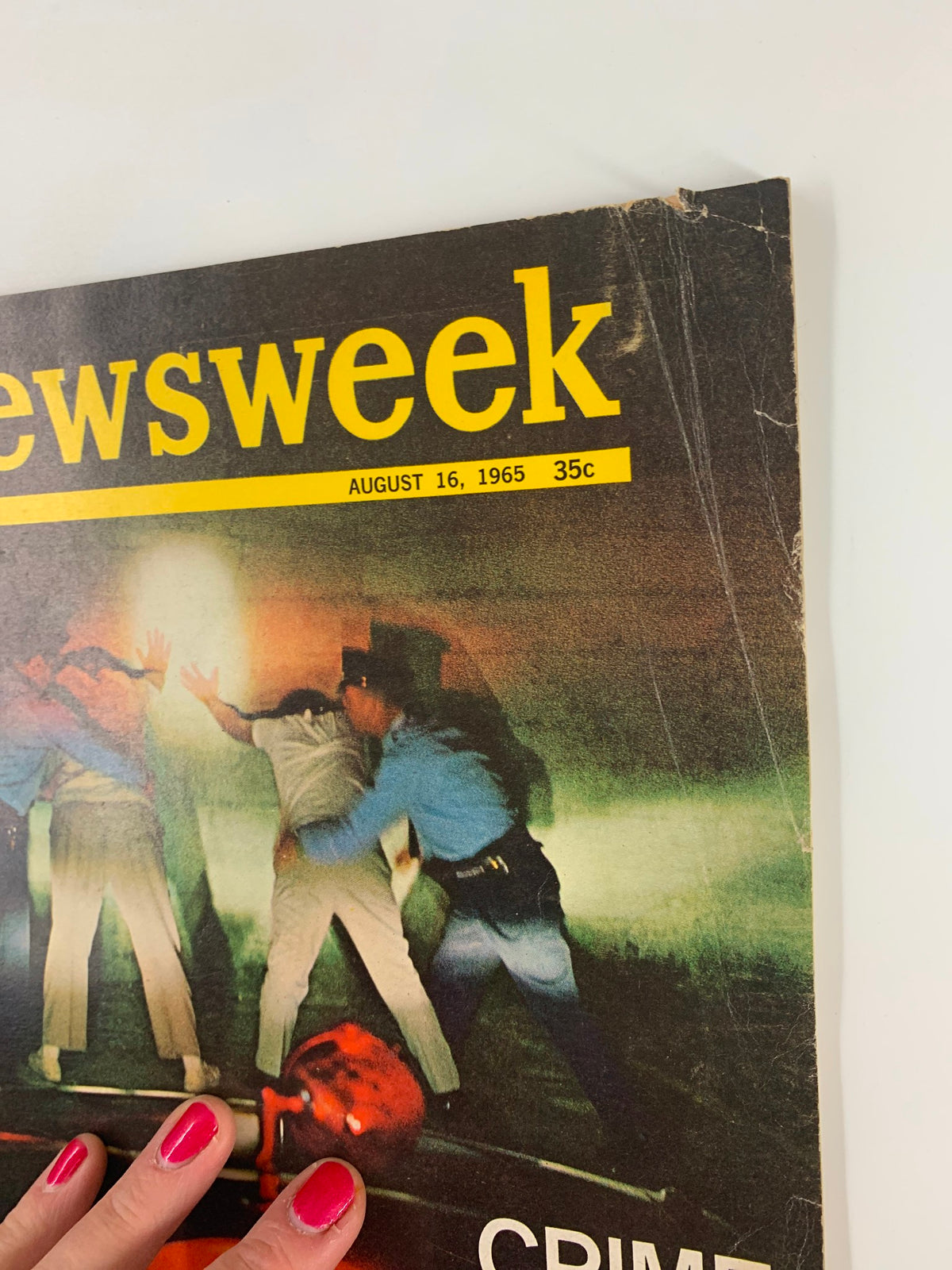 Close-up of the cover of VTG Newsweek Magazine, August 16, 1965, showing the title 'Crime in the Streets' and details of the magazine's vintage design.