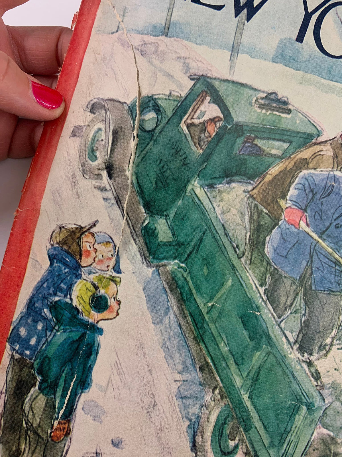Close-up view of The New Yorker Magazine March 1 1947 cover 'Snowy Road' by Perry Barlow, highlighting details of children in winter attire observing a snow-clearing truck.