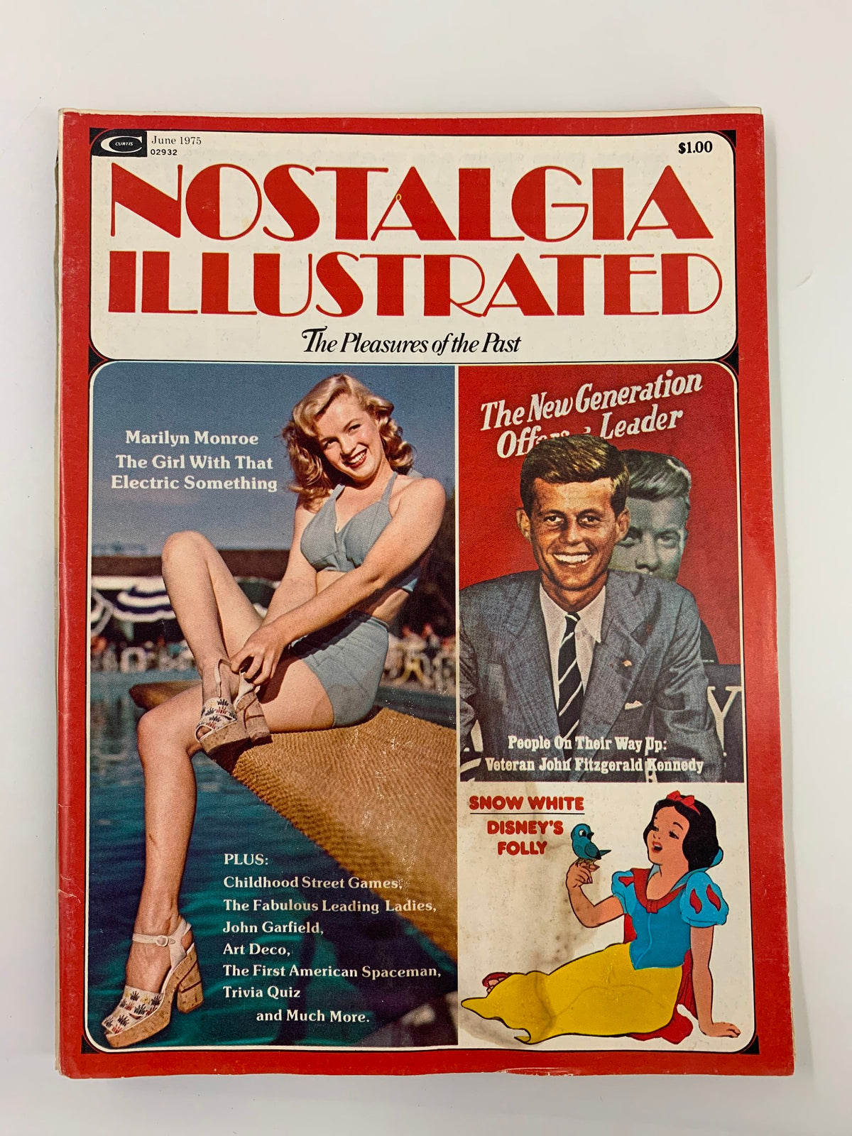 Cover of VTG Nostalgia Illustrated Magazine June 1975 featuring Marilyn Monroe and John F. Kennedy, showcasing vintage illustrations and bold text.