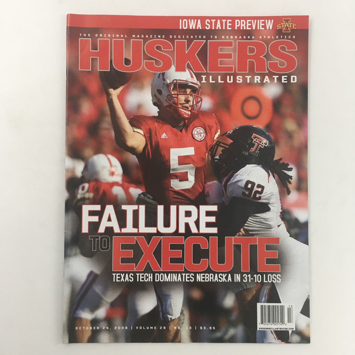 Cover of Huskers Illustrated October 24, 2009, Vol 29 #13 featuring the headline 'Failure to Execute' with an image of a Nebraska Cornhuskers quarterback against Texas Tech.