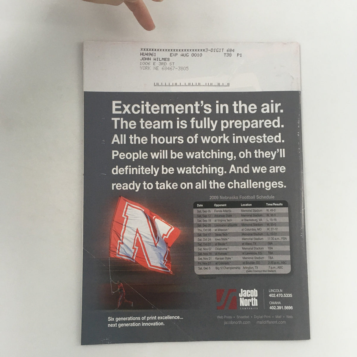 Back cover of Huskers Illustrated October 24, 2009, Vol 29 #13 showcasing a promotional message for Nebraska Football with upcoming schedules.