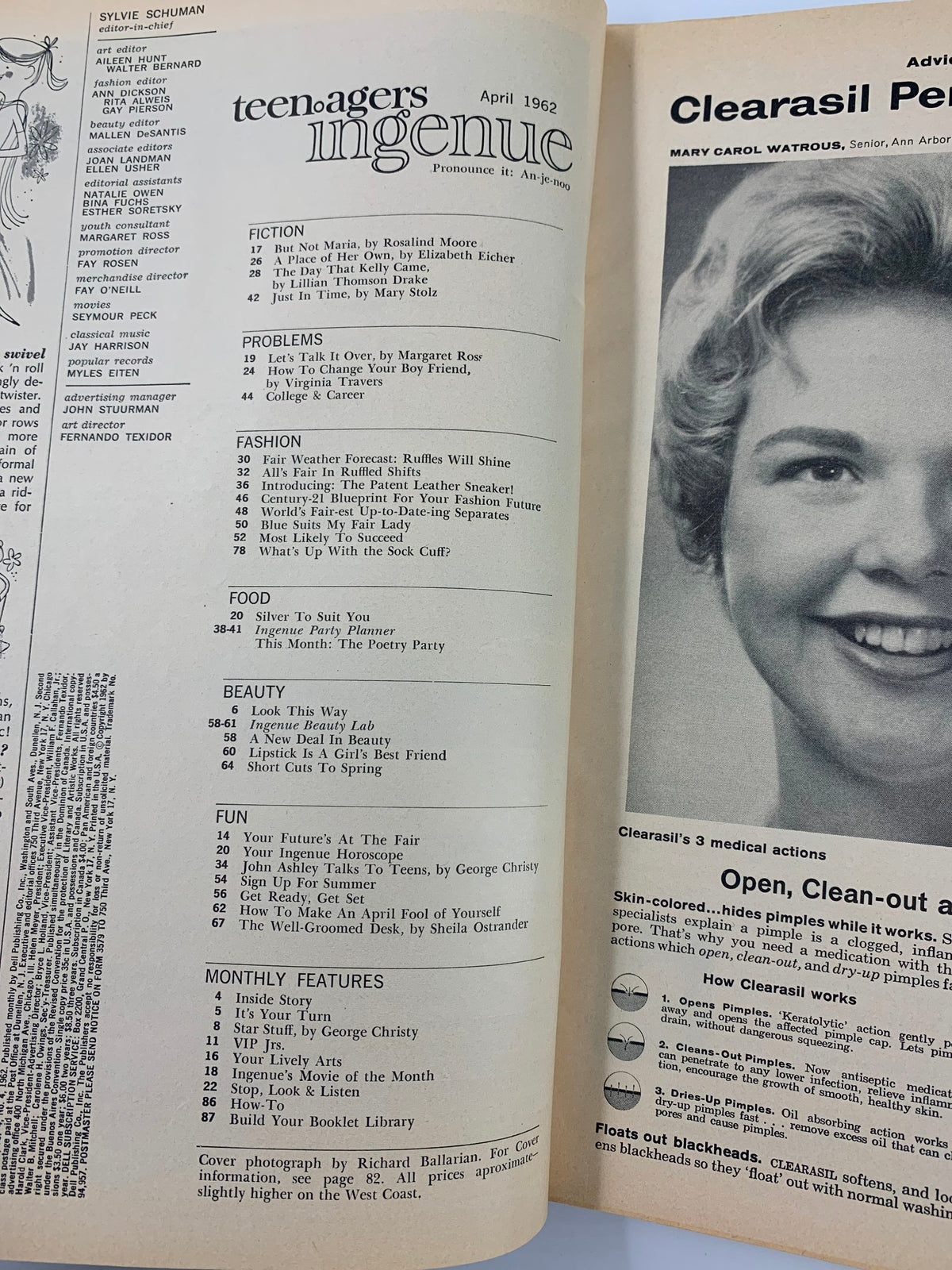 Inside page of VTG Teen-Agers Ingenue Magazine April 1962 showing the table of contents with various sections like fiction, beauty tips, and fun activities, emphasizing the magazine's diverse topics for teenagers.