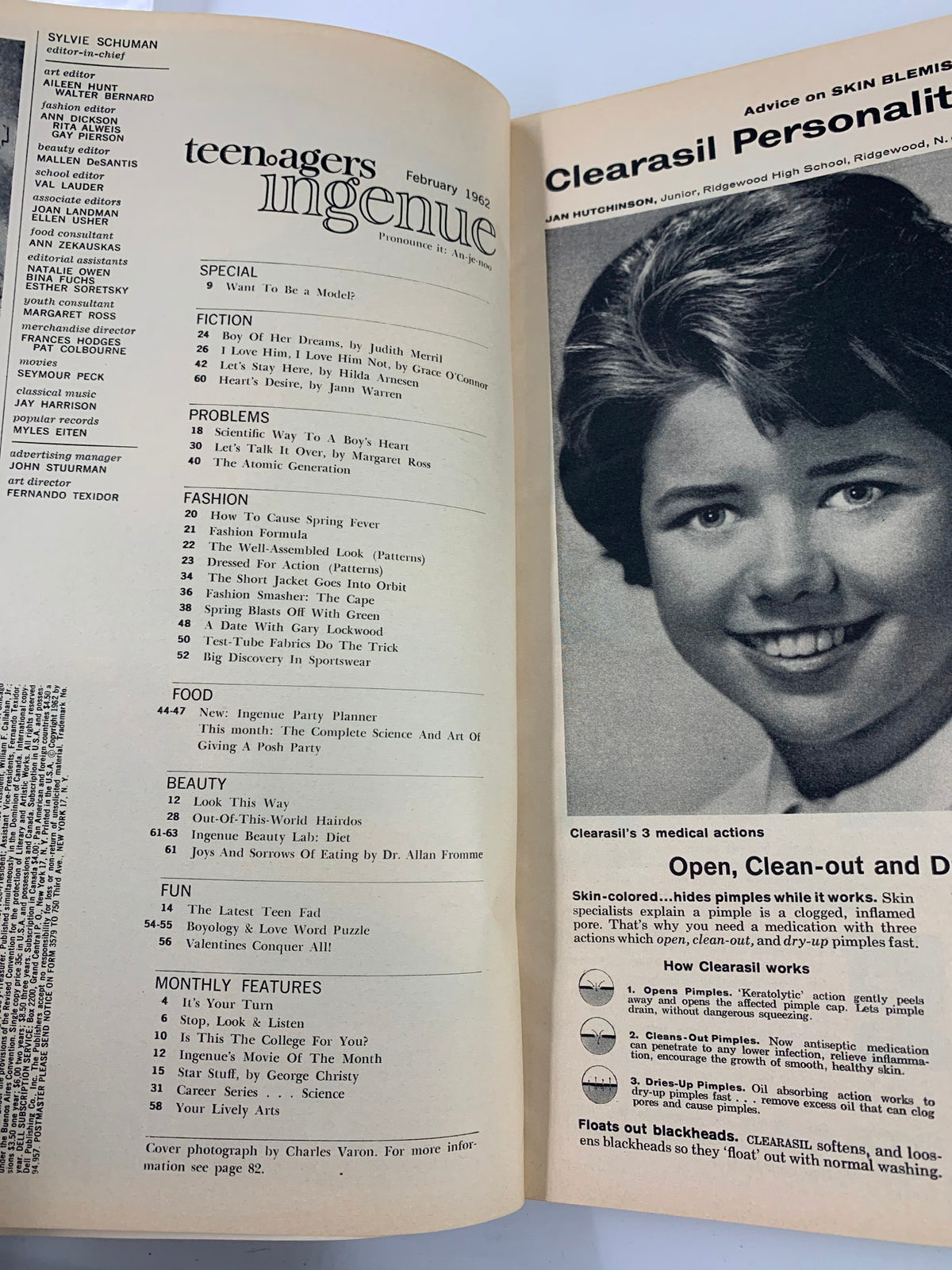 Inside page of the VTG Teen-Agers Ingenue Magazine February 1962 displaying the table of contents, featuring various articles and sections relevant to teenage culture and lifestyle.