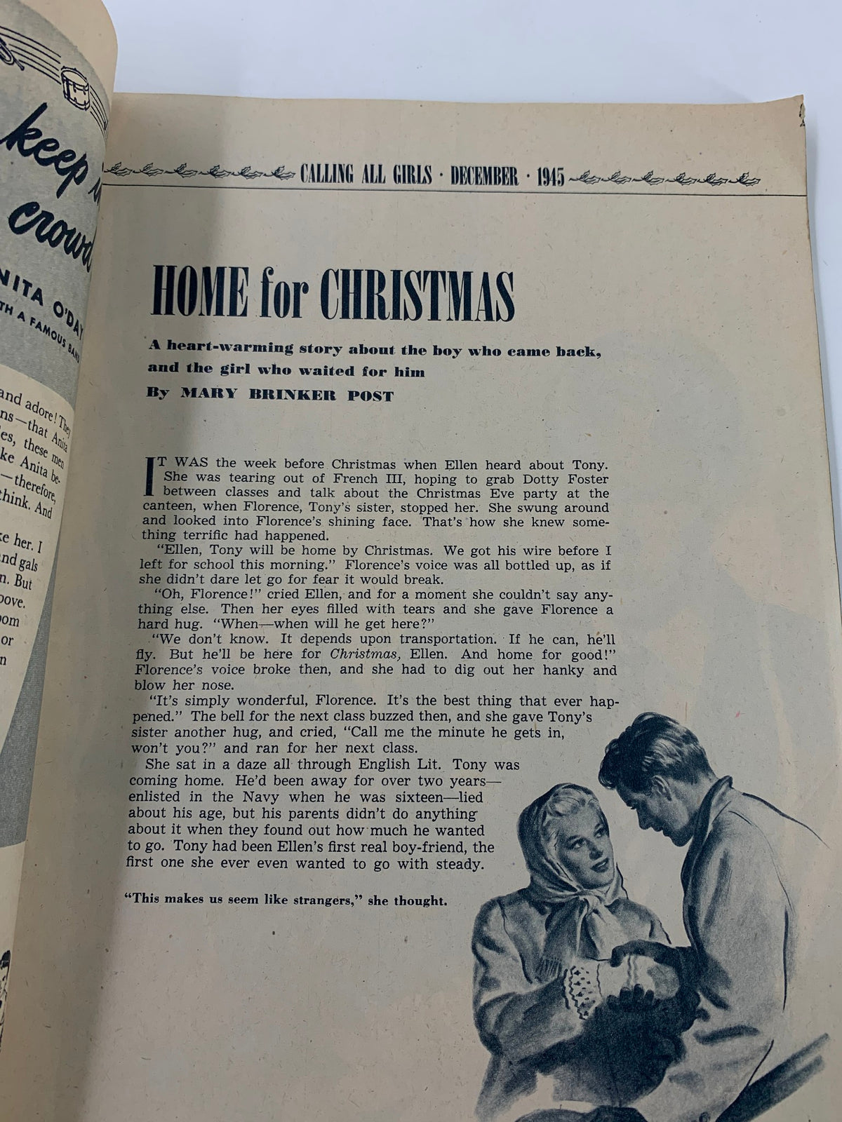 Inside page of VTG Calling All Girls Magazine December 1945 with the heading 'Home for Christmas,' featuring an illustrated story, reflecting the nostalgic themes of home and family during the holiday season.