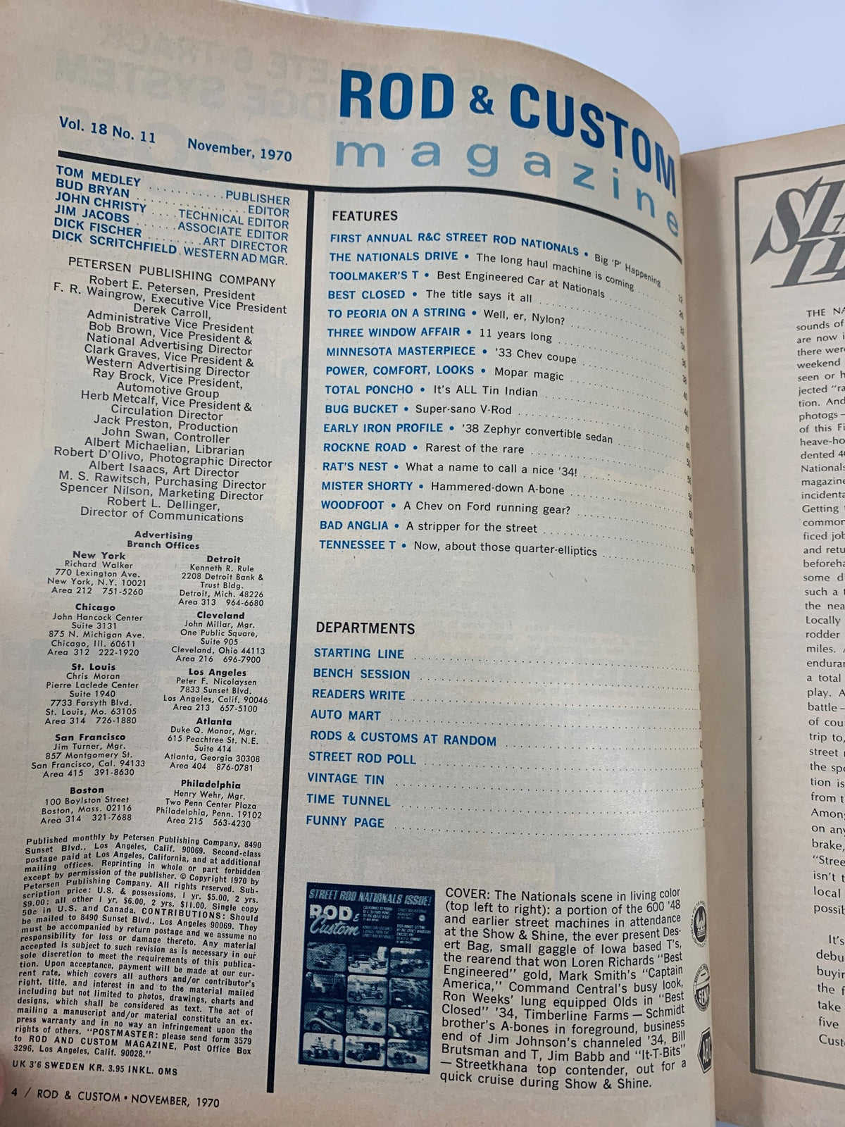 Inside page of VTG Rod & Custom Magazine November 1970, displaying the table of contents and editorial features related to the custom car culture, including details on the Street Rod Nationals.