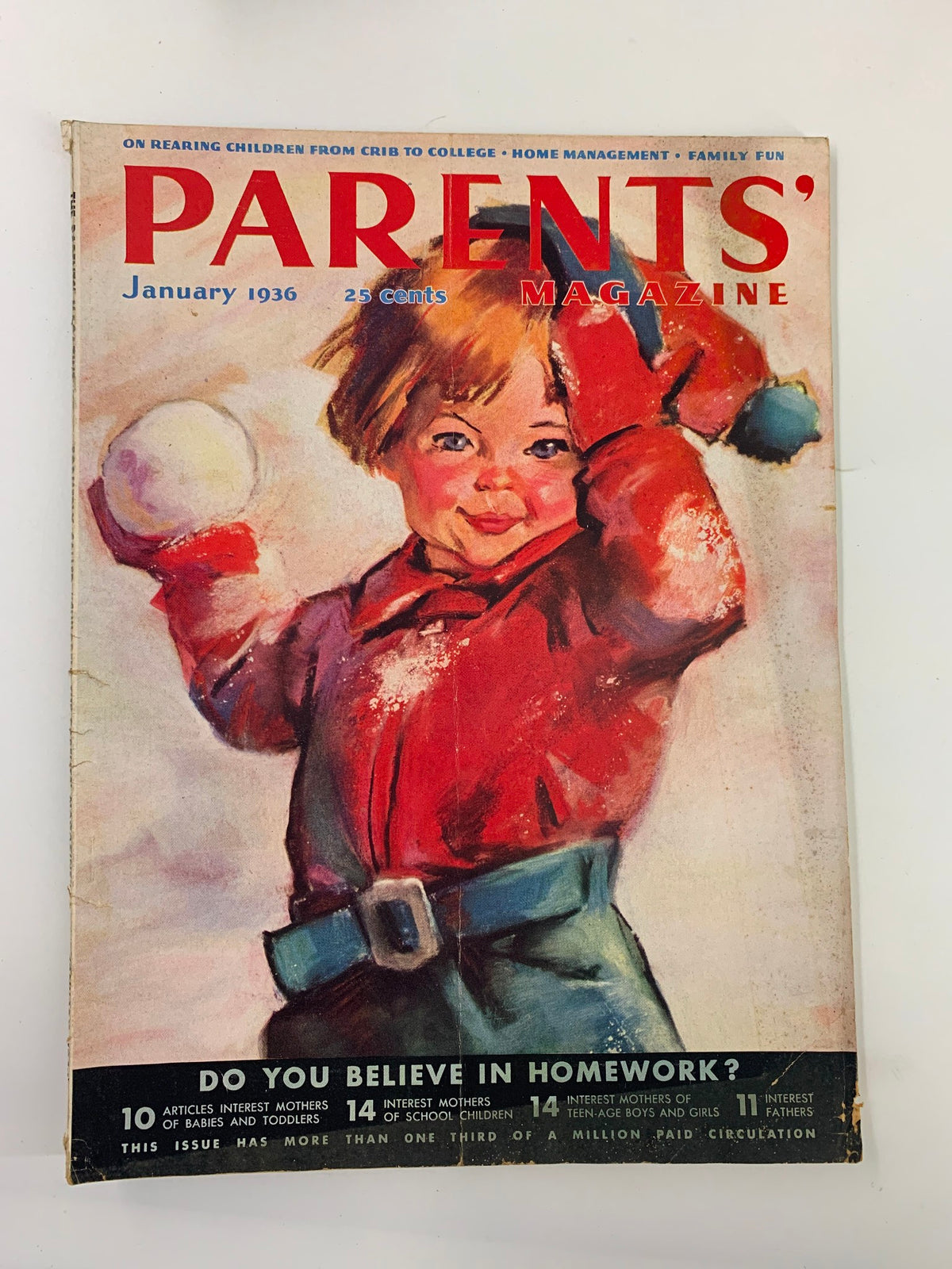 VTG Parents' Magazine January 1936 cover featuring a joyful child with a snowball, highlighting the theme 'Do You Believe in Homework?' in vibrant colors, representing vintage parenting perspectives.