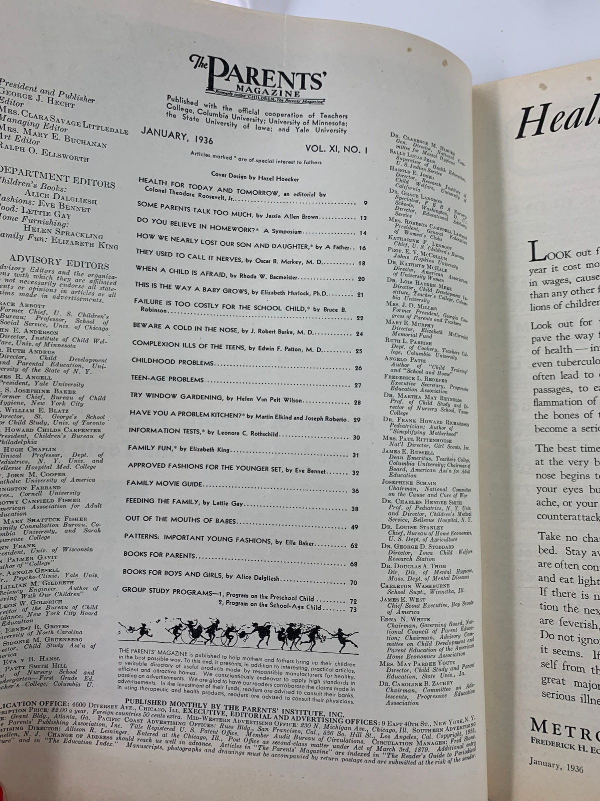 Inside page of VTG Parents' Magazine January 1936 displaying the table of contents, showcasing diverse articles focused on parenting, educational discussions, and family dynamics of the 1930s.