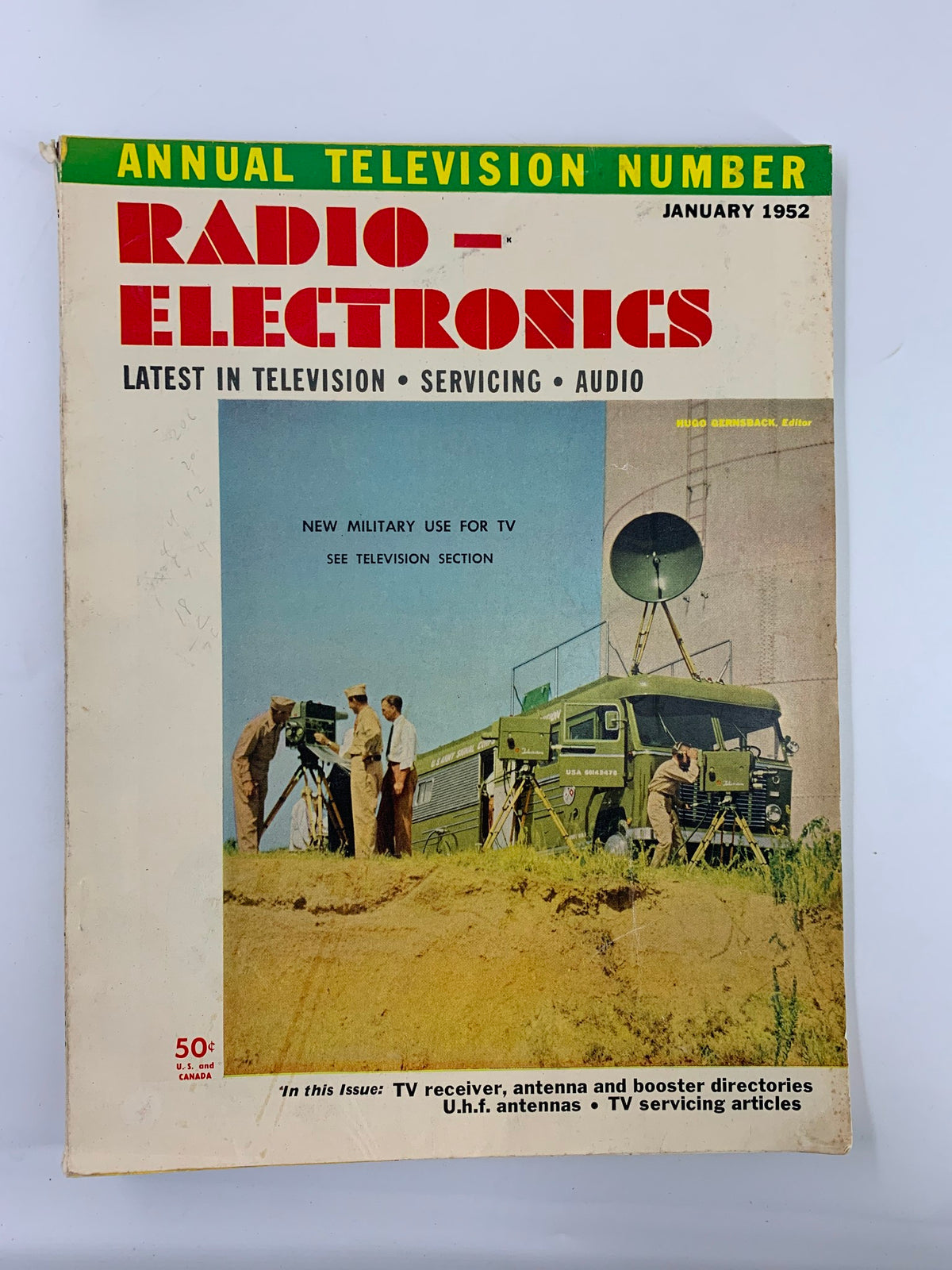 Cover of VTG Radio-Electronics Magazine January 1952 featuring title 'Radio-Electronics' with emphasis on new military uses for television and a photograph depicting military personnel using television equipment in the field.
