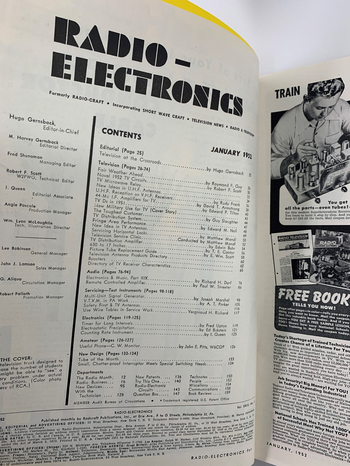 Interior page of VTG Radio-Electronics Magazine January 1952 showing the table of contents, detailing various articles including the focus on television technology and its applications.
