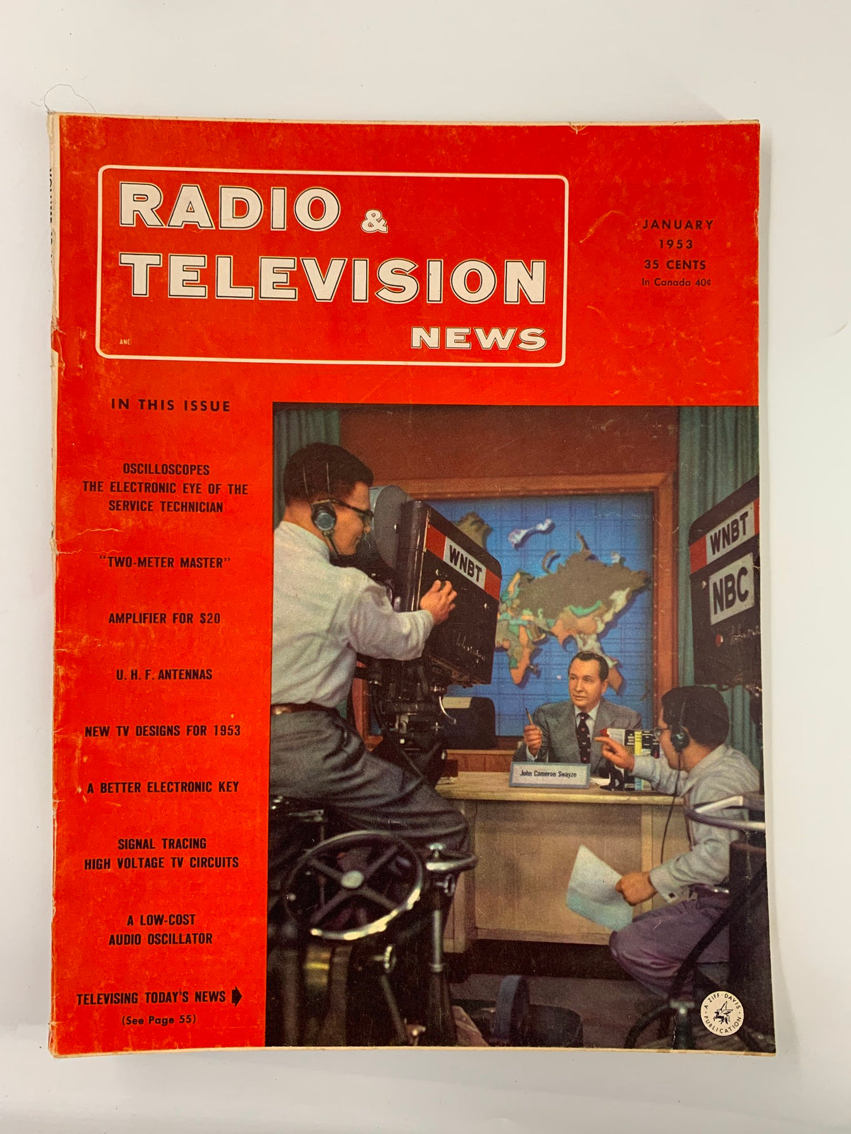 VTG Radio & Television News Magazine January 1953 cover featuring a broadcast scene, with television cameras and hosts in a studio setting.