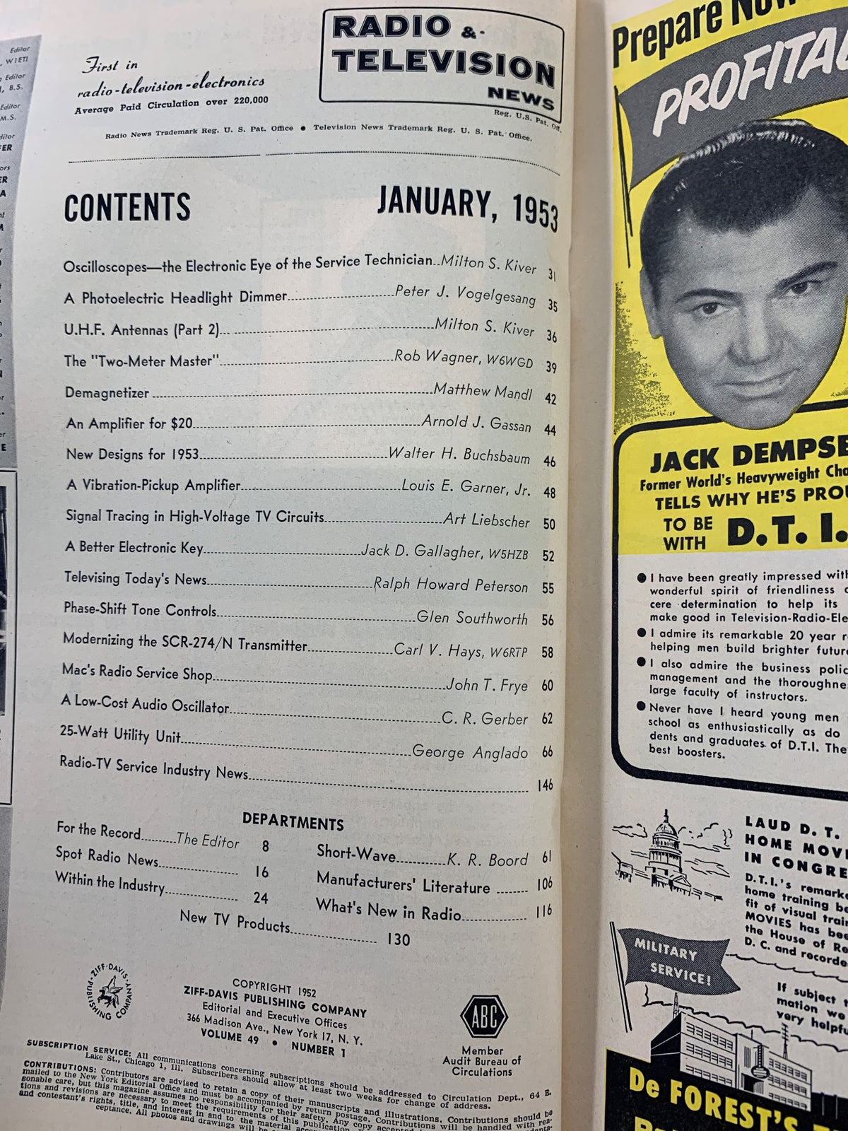 Contents page of the VTG Radio & Television News Magazine from January 1953, featuring articles including 'A Photoelectric Headlight Dimmer' and other technology highlights.