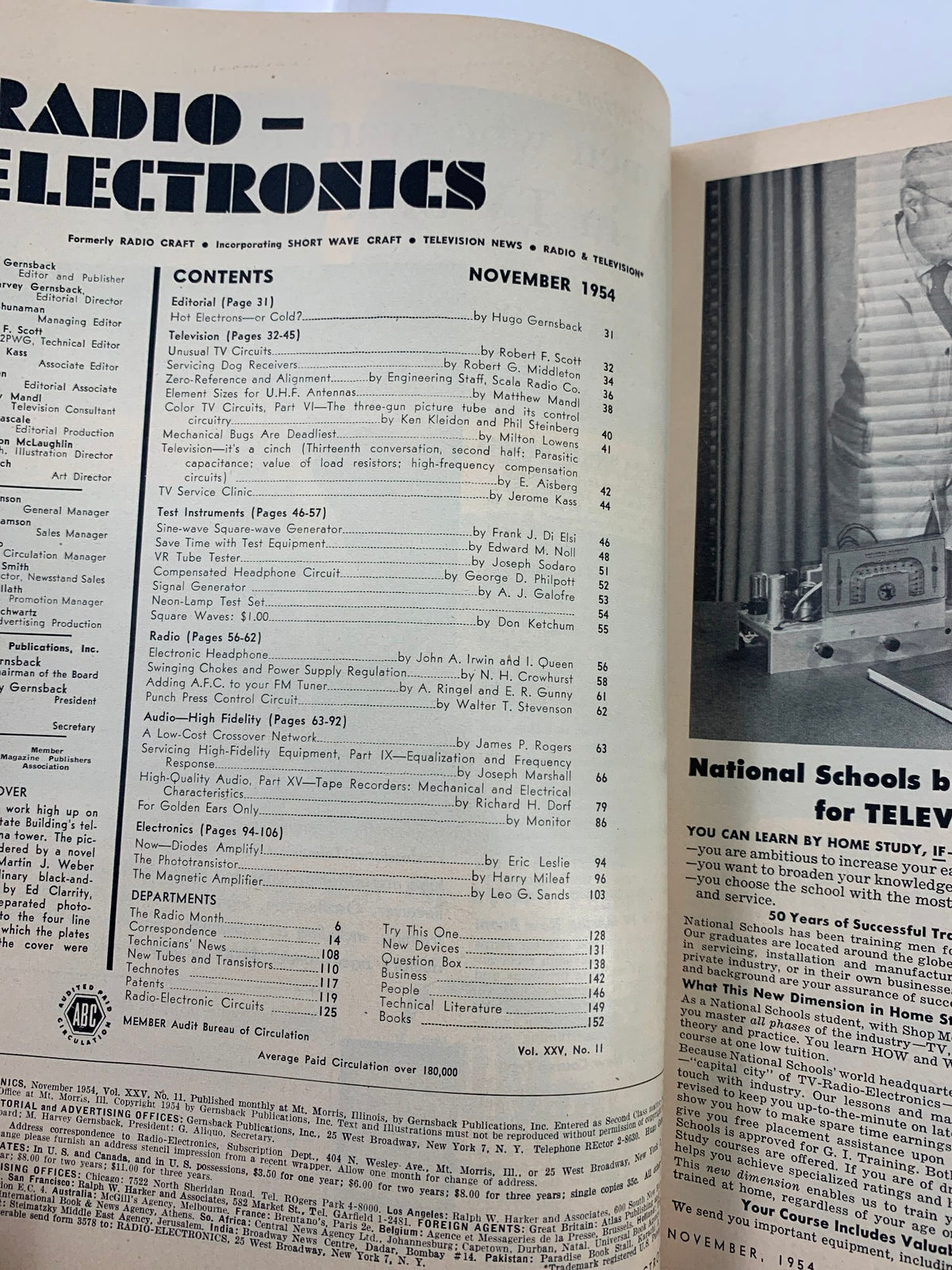 Contents page of Radio-Electronics Magazine November 1954, detailing articles about television technology and servicing techniques.