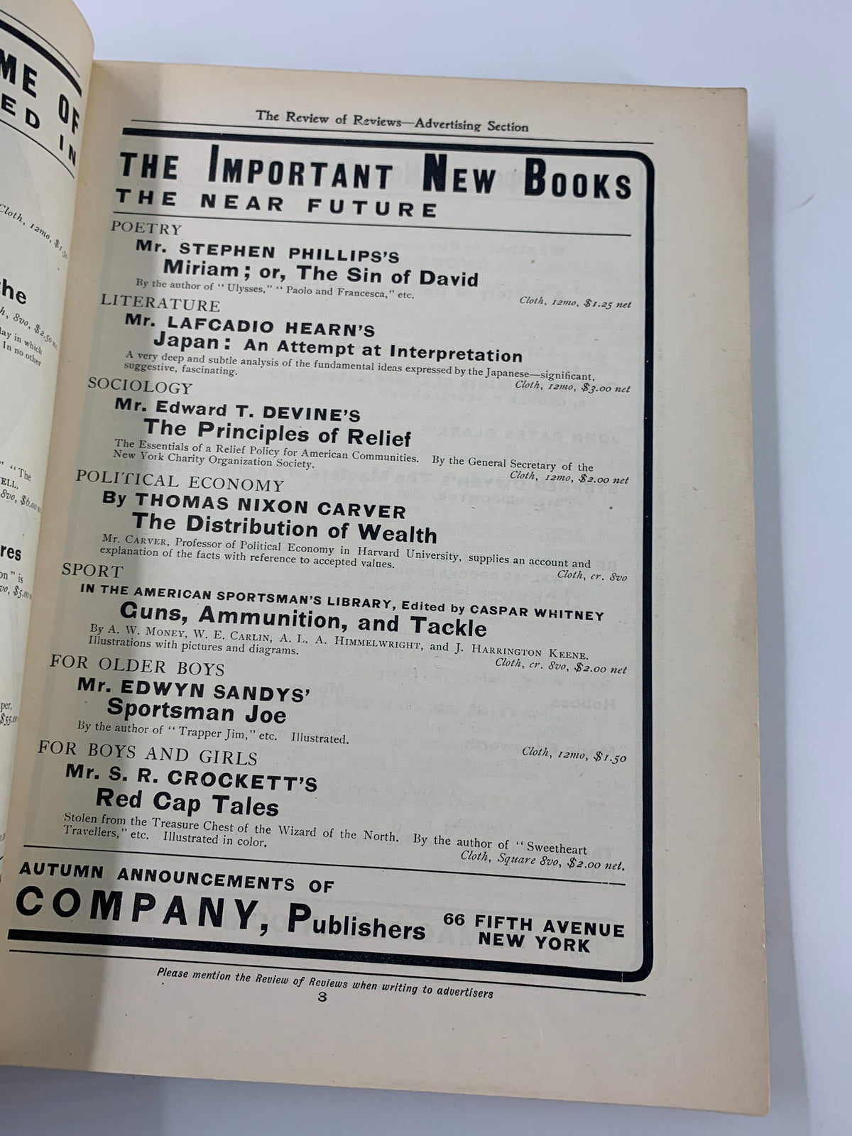 Another inside page from VTG The American Monthly Magazine October 1904 displaying a list of important new books, highlighting American literary interests at the time.