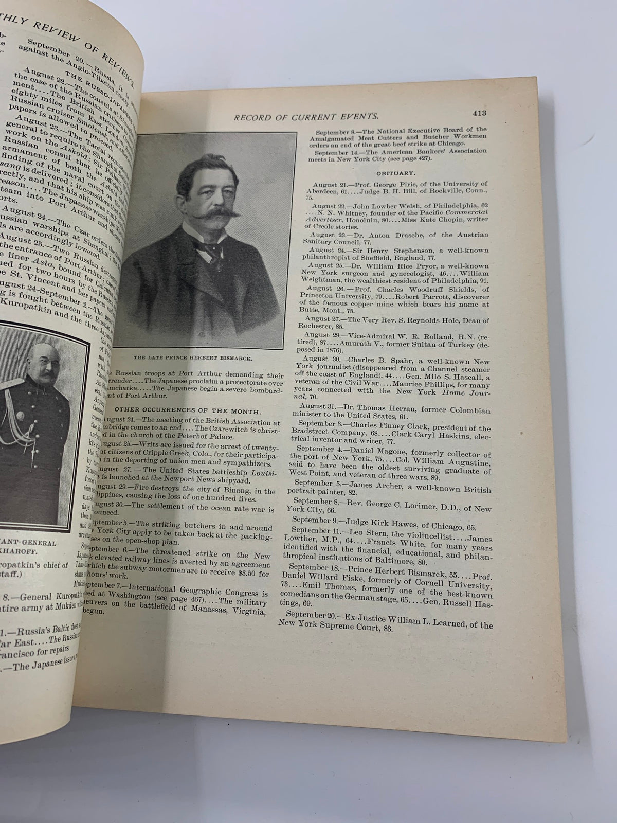 Record of current events inside VTG The American Monthly Magazine October 1904, featuring a photograph and details about prominent figures in American history.