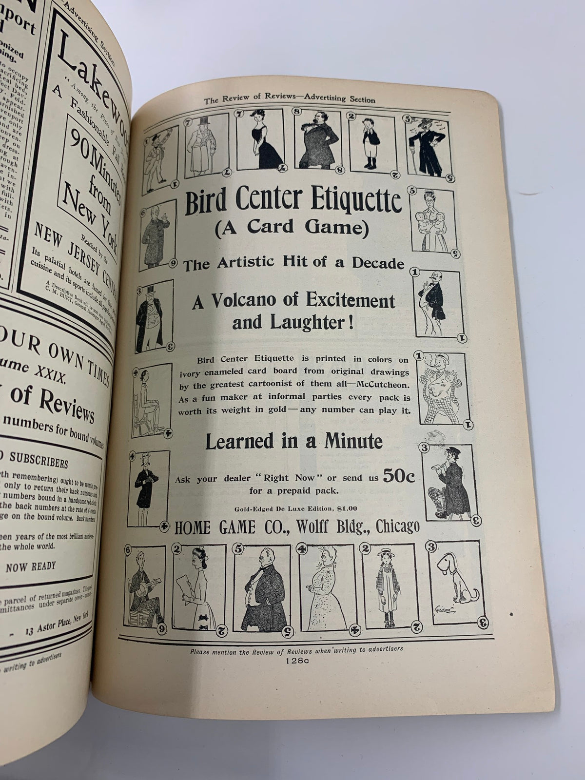 Inside page of VTG The American Monthly Magazine October 1904 featuring advertisements for Bird Center Etiquette, a card game, highlighting artistic themes of a decade and promoting entertainment.