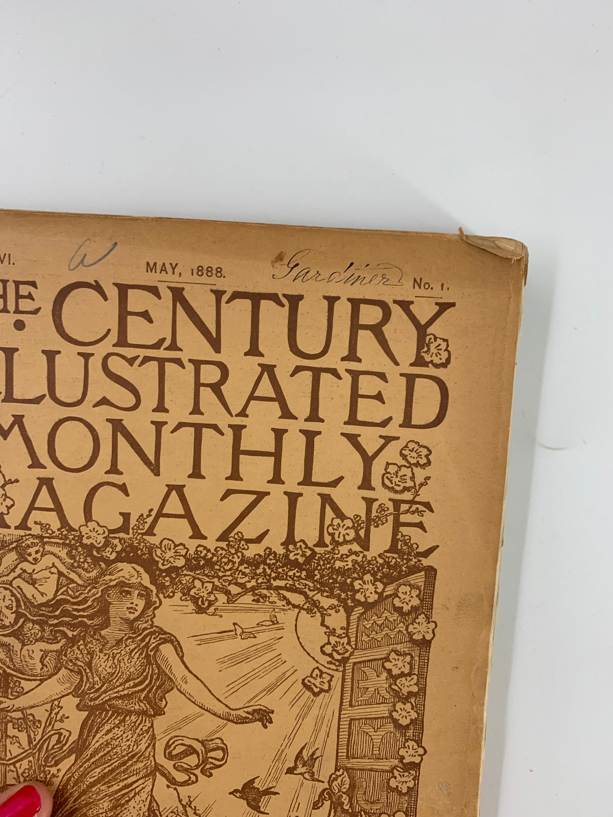 Detailed view of the title section on the cover of The Century Illustrated Magazine May 1888 highlighting the year and issue number.