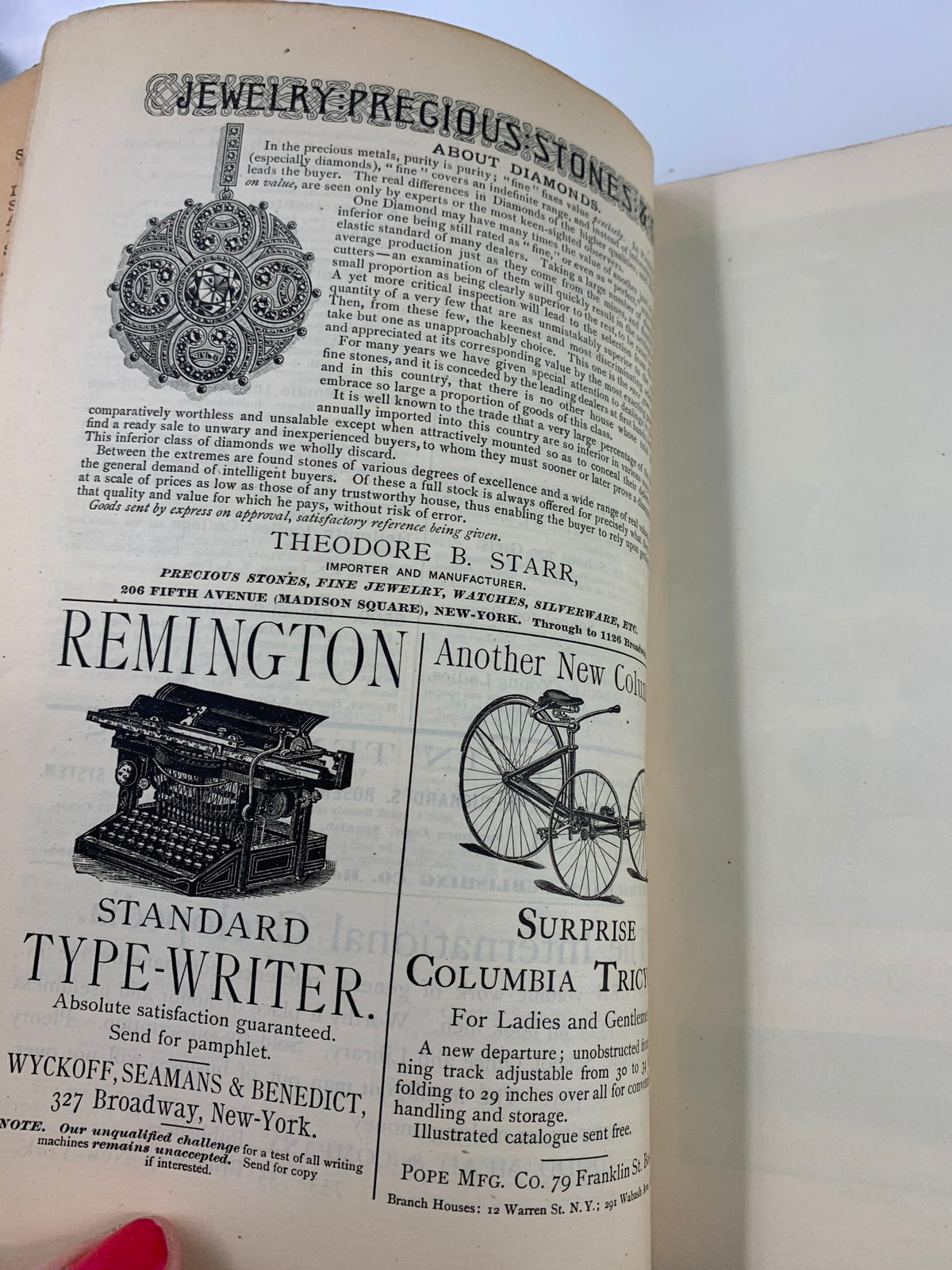 Open page of The Century Illustrated Magazine May 1888 displaying advertisements including typewriters, capturing the commercial essence of the era.