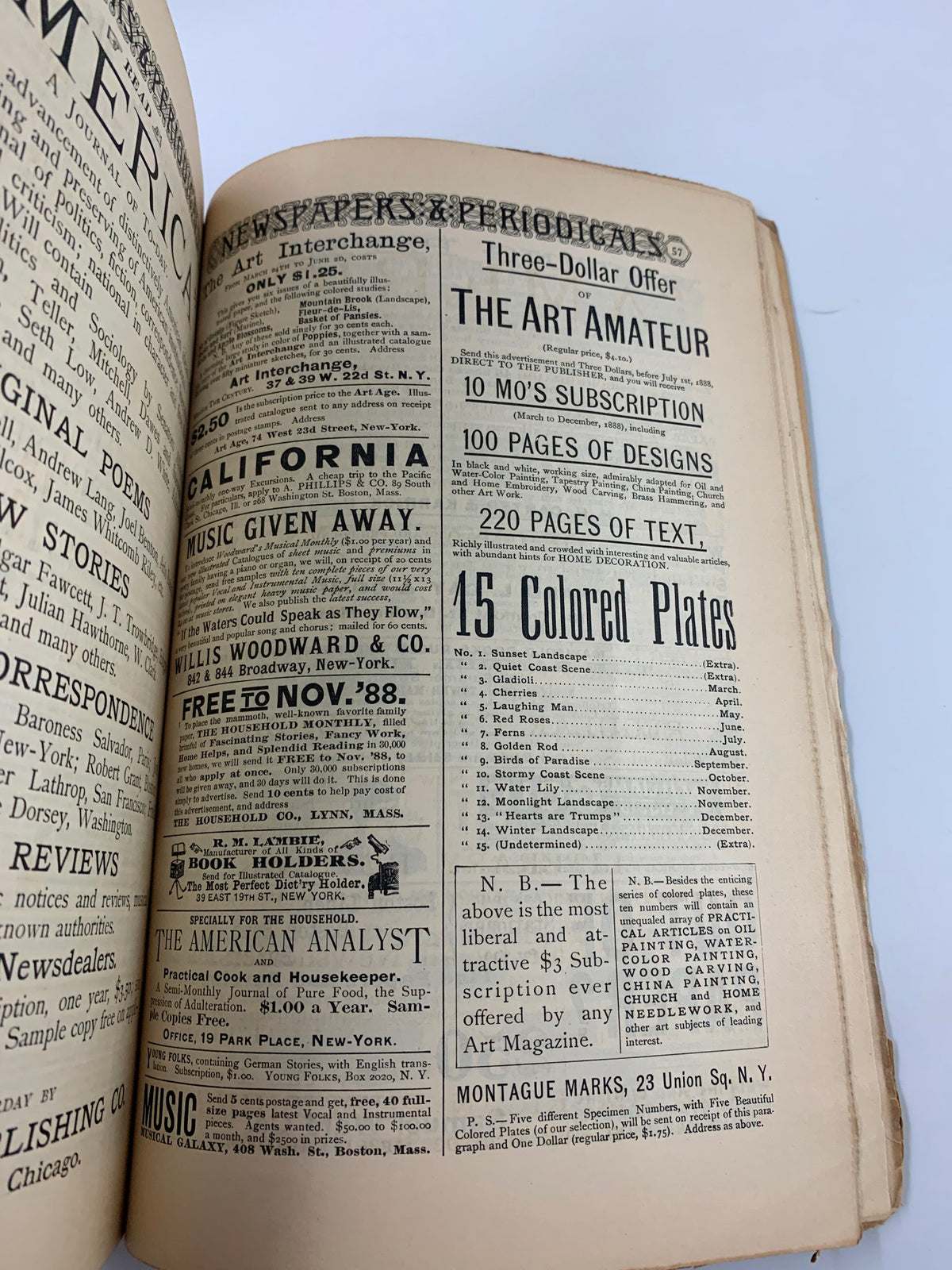 Interior page of The Century Illustrated Magazine May 1888 showcasing advertisements for newspapers and periodicals, reflecting the publishing trends of the late 19th century.