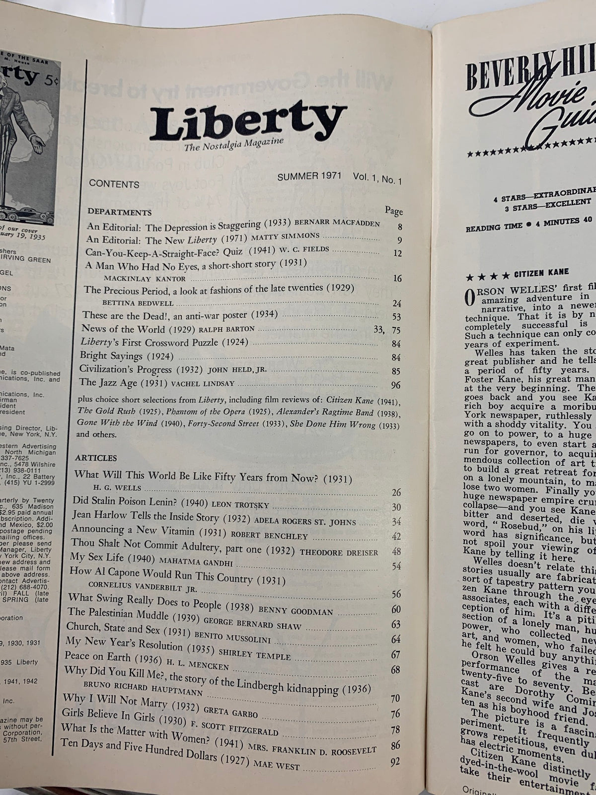 Interior view of Liberty Magazine Summer 1971, featuring the table of contents and articles, including 'How Al Capone Would Run This Country'.