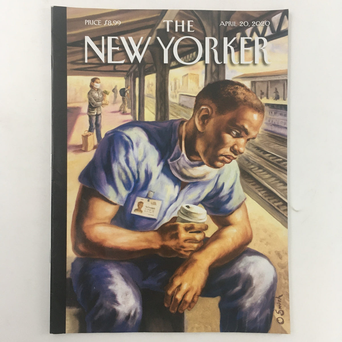 Cover of The New Yorker April 20 2020 featuring a striking illustration by Owen Shift depicting a man sitting on a train platform, reflecting contemporary themes. This collectible magazine showcases the blend of art and journalism, perfect for enthusiasts and collectors.
