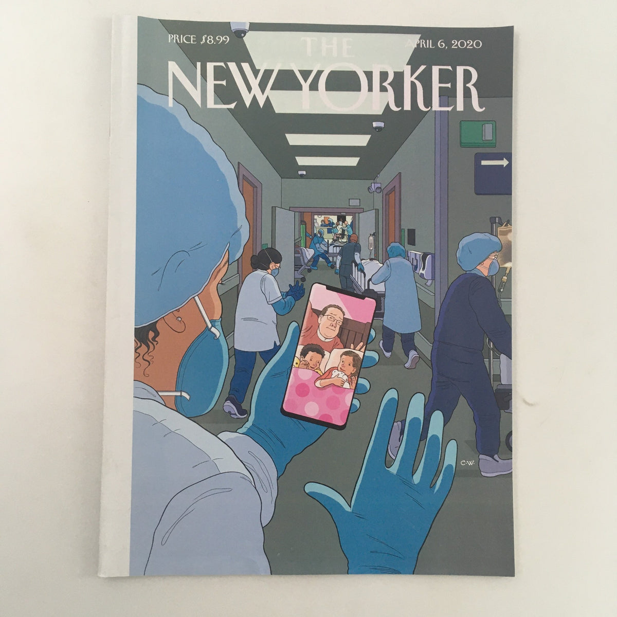 Cover of The New Yorker April 6, 2020, featuring artwork by Chris Ware, depicting healthcare professionals in a corridor, capturing a moment of connection through a phone screen.