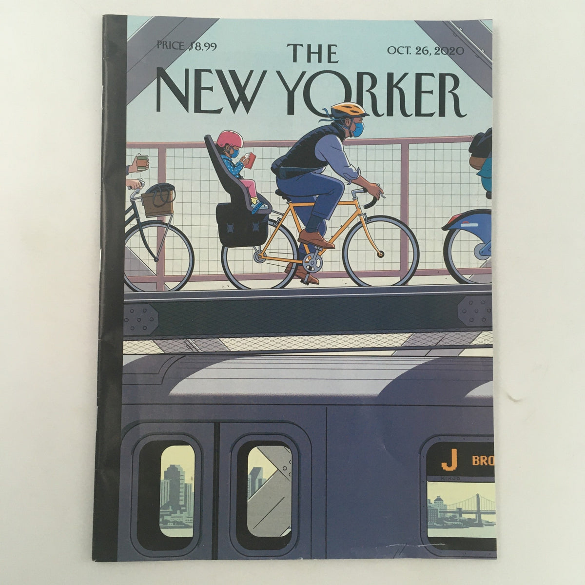 The New Yorker October 26 2020 full magazine cover featuring an illustration by R. Kikuo Johnson, depicting cyclists and commuters on a bridge.