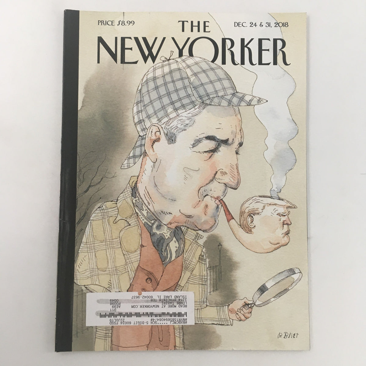 Cover of The New Yorker December 24, 2018, featuring a caricature by Barry Blitt depicting Robert Mueller and Donald Trump, characterized by Blitt's distinctive humor and artistic style.