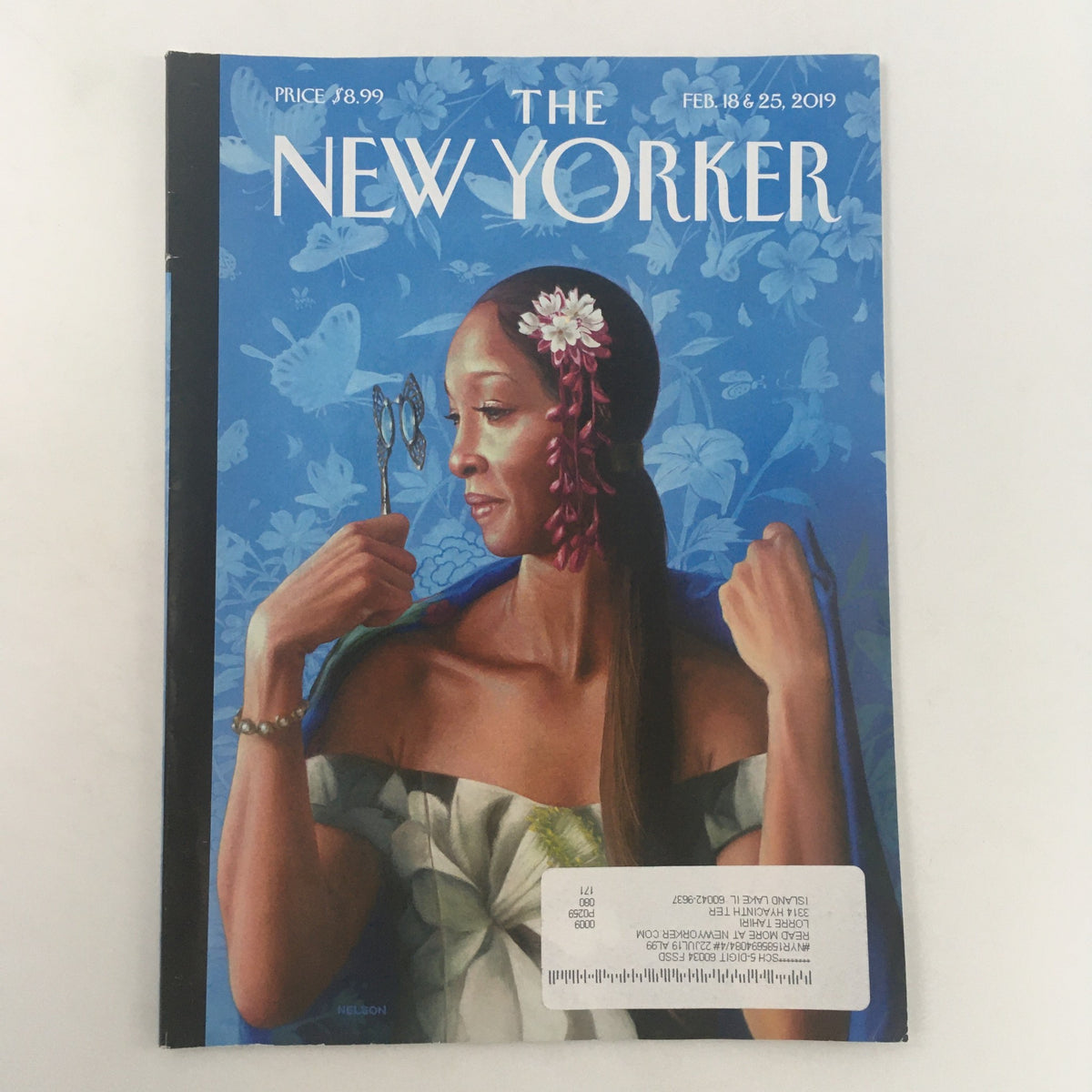 The New Yorker February 18 & 25 2019 Full Magazine Theme Cover by Kadir Nelson featuring a woman adorned with flowers, showcasing vibrant colors and artistic design.
