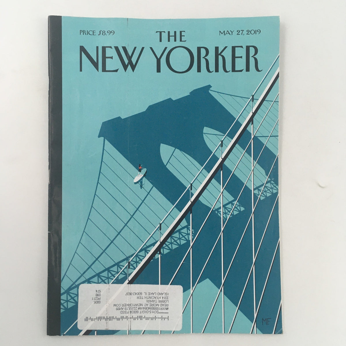 Cover of The New Yorker May 27 2019 designed by Malika Favre, featuring a minimalist design with a blue background, Brooklyn Bridge illustration, and a figure surfing, showcasing striking visual artistry.