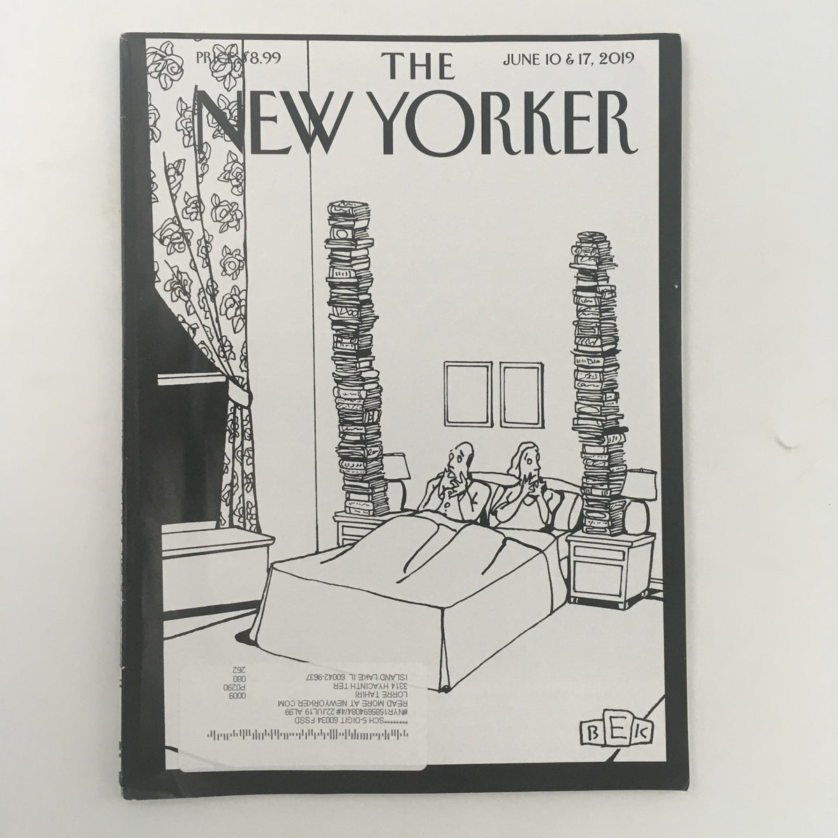 Cover of The New Yorker magazine from June 10 & 17, 2019, featuring artwork by Bruce Eric Kaplan, showcasing a humorous scene with stacks of books and characters in bed.