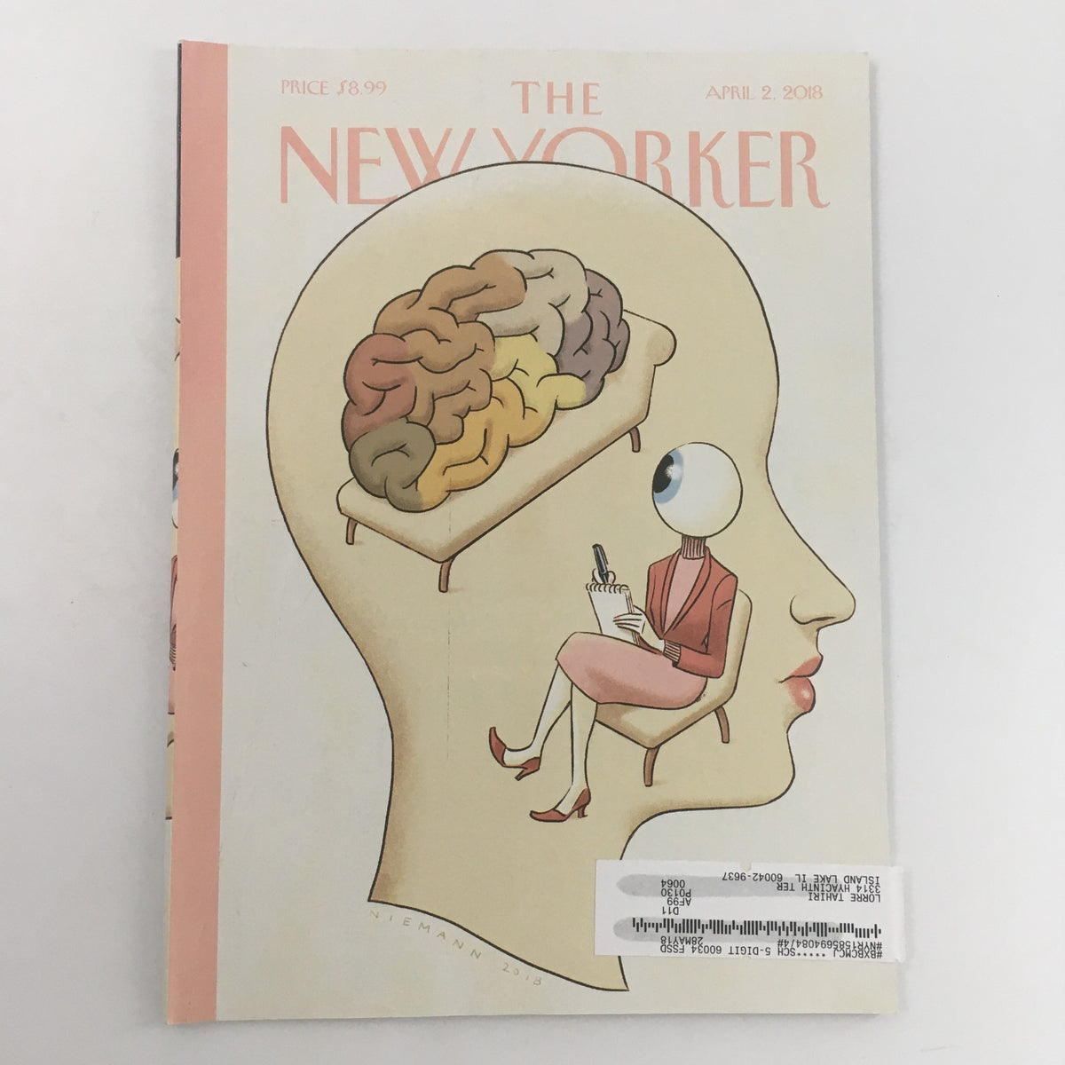 Cover of The New Yorker April 2 2018 Full Magazine Theme, illustrated by Christoph Niemann, featuring a whimsical design showcasing a woman's profile with colorful brains and an eye, reflecting modern life and cultural commentary.