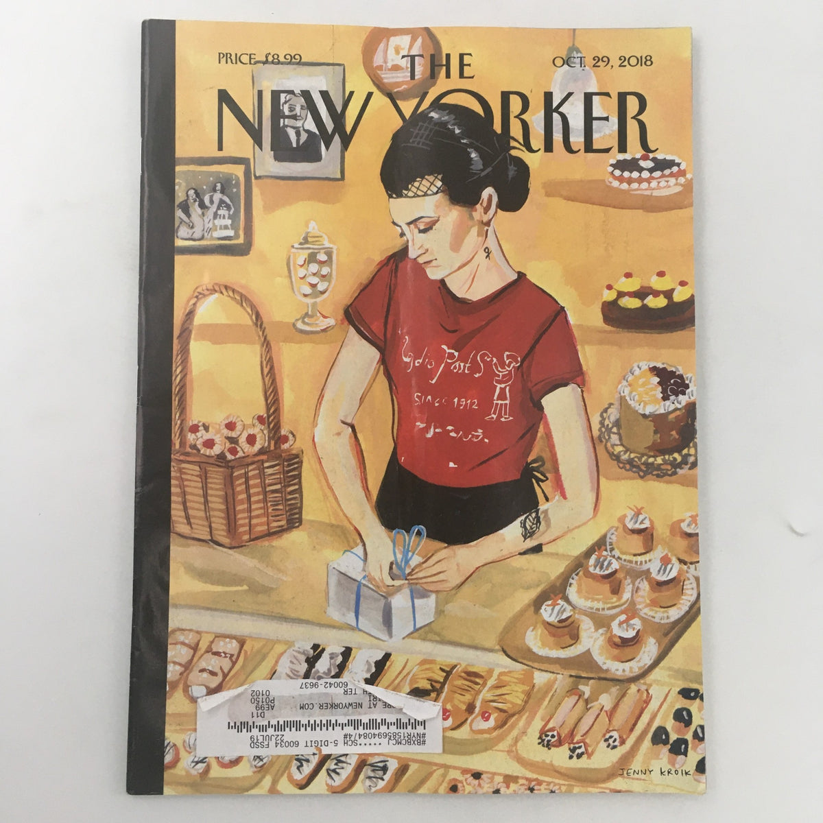 The New Yorker October 29 2018 Full Magazine Theme Cover by Jenny Kroik featuring a woman in a bakery preparing a gift with pastries in the background.
