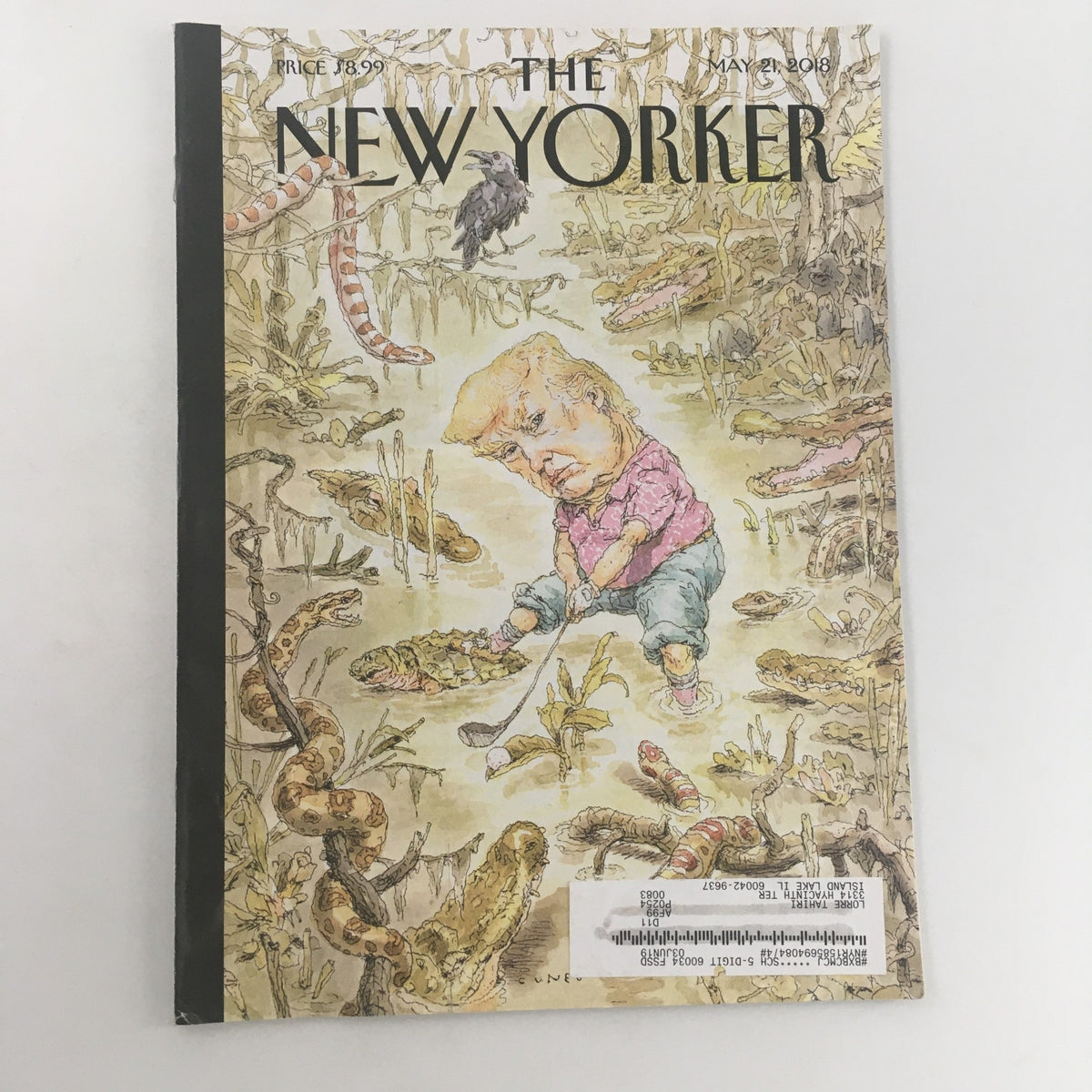 Cover of The New Yorker May 21, 2018, featuring a cartoon illustration by John Cuneo depicting a satirical scene with a childlike figure in a surreal environment, highlighting themes of humor and culture.