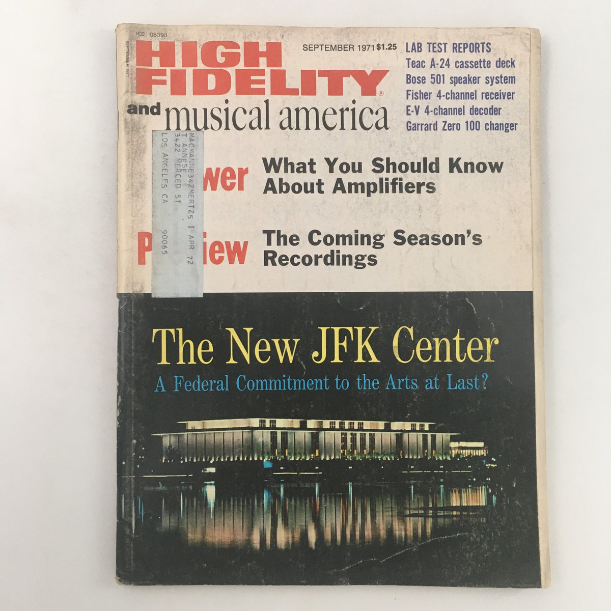 Cover of the September 1971 issue of High Fidelity magazine featuring an article about The New JFK Center, highlighting a Federal Commitment to the Arts. The magazine includes sections on amplifiers and musical previews.