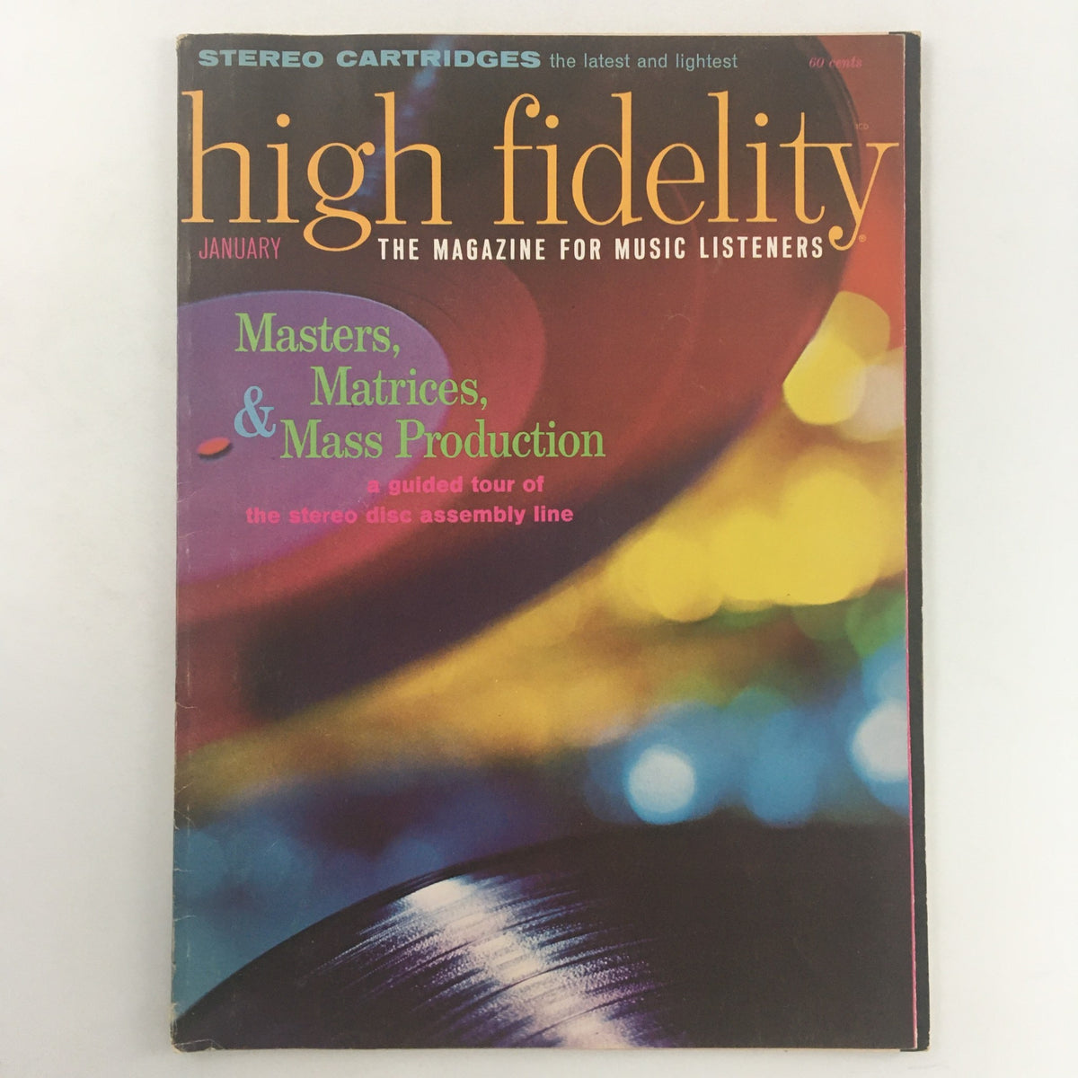 Cover of the VTG High Fidelity Magazine from January 1965 featuring a guided tour of the stereo disc assembly line, with colorful design elements reflecting the 1960s era.