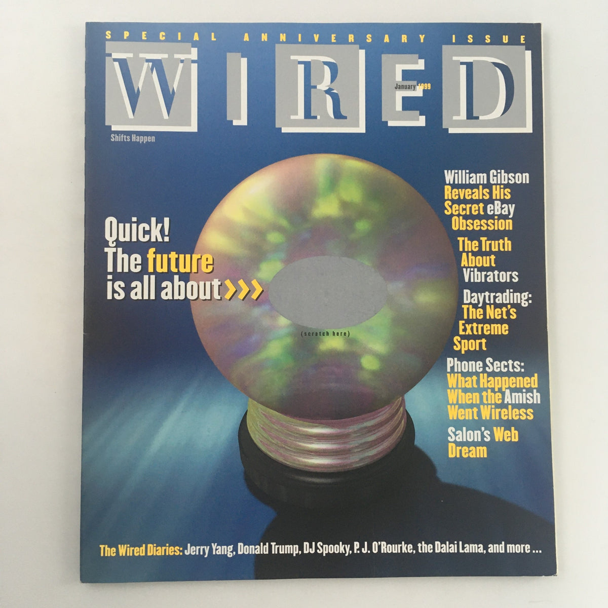 Wired Magazine January 1999 cover featuring special anniversary edition with vibrant graphics and topics like the future, including contributions from Jerry Yang, Donald Trump, and the Dalai Lama.