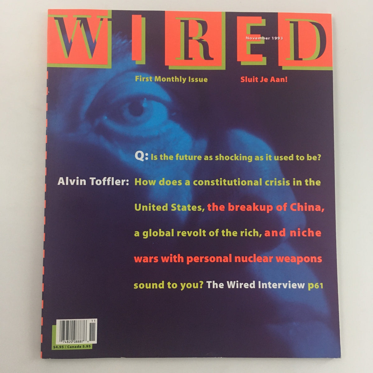 Cover of Wired Magazine November 1993 featuring a striking design and cover story on Alvin Toffler discussing constitutional crisis and technology. Highlighting the era's societal anxieties and technological advancements.