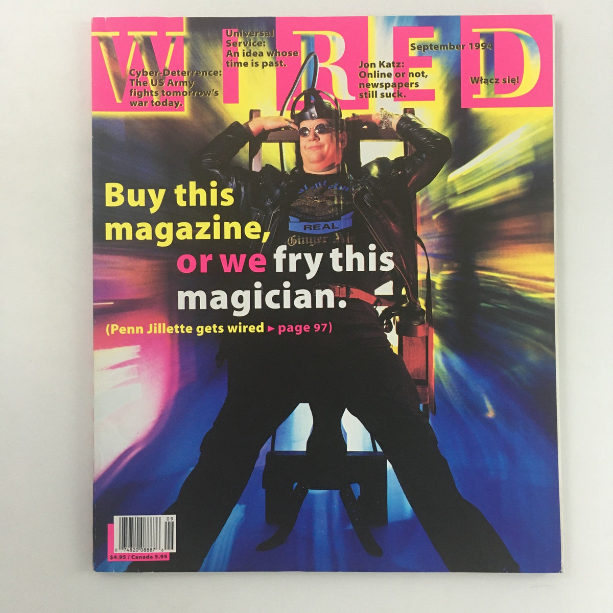 Cover of Wired Magazine September 1994 featuring Penn Jillette with the tagline 'Buy this magazine, or we fry this magician.' The vibrant design highlights the intersection of technology and culture during the 90s.