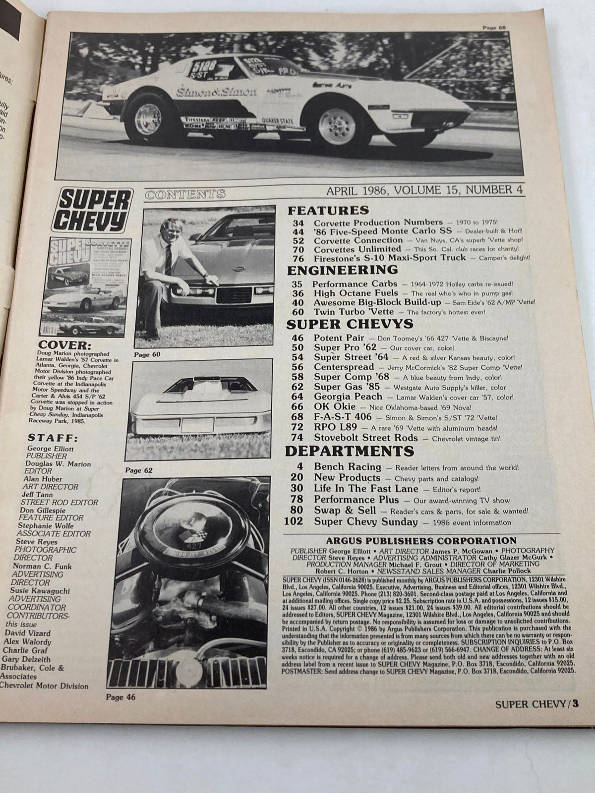 Contents page of VTG Super Chevy Magazine April 1986 Vol 15 #4 featuring headlines like 'Firestone's S-10 Maxi Sport' and various articles on Chevrolet vehicles and engineering.