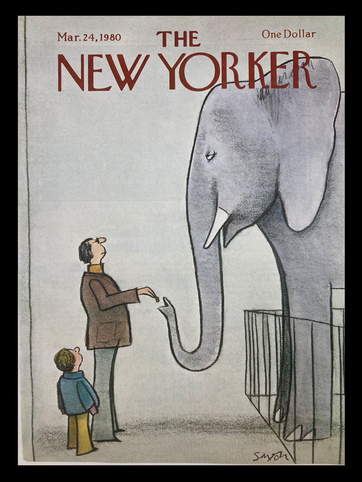 Cover of The New Yorker dated March 24, 1980, featuring the artwork 'Feeding Elephant' by Charles Saxon, illustrating a whimsical scene of a man and a child interacting with an elephant.