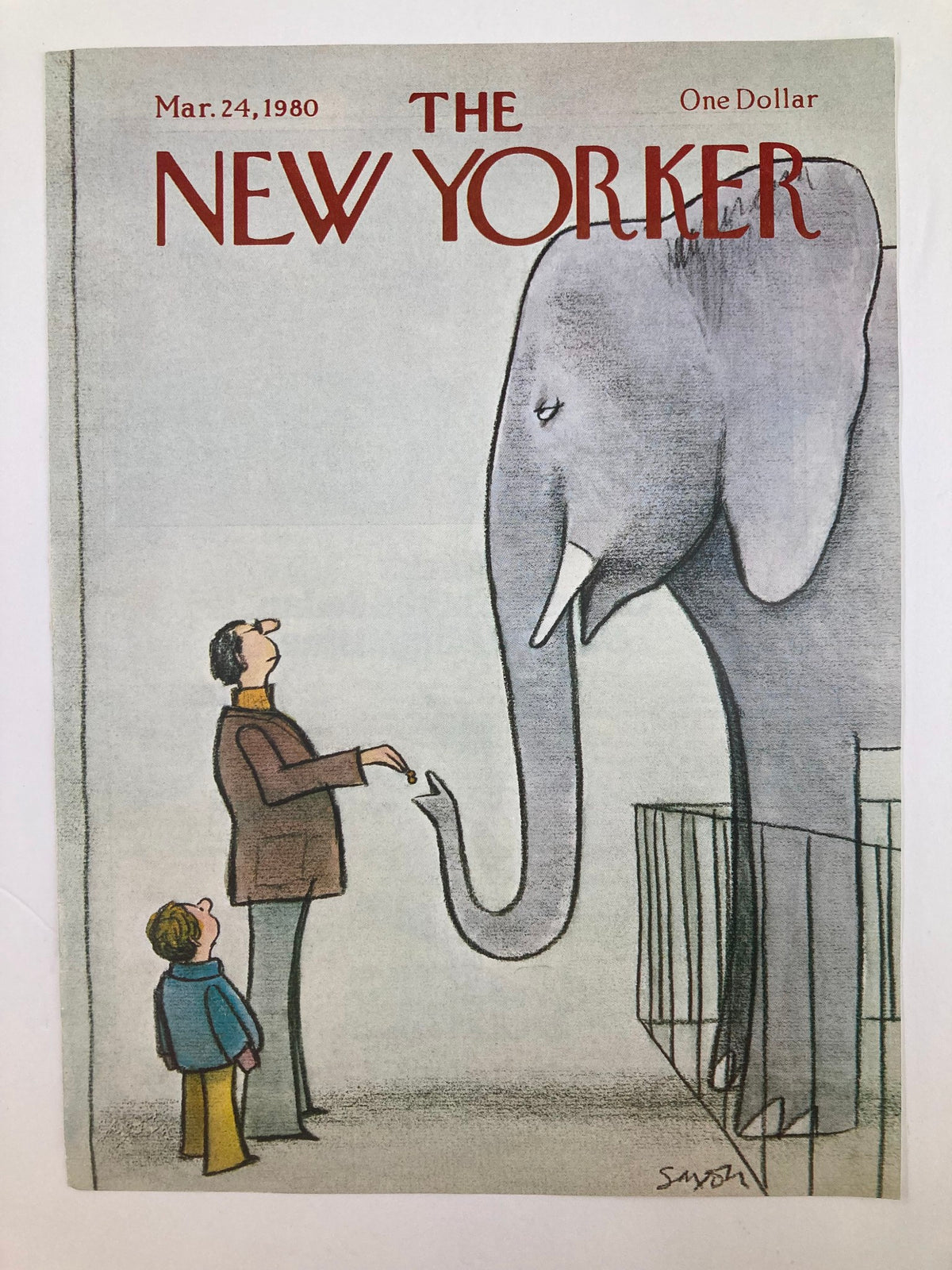 Cover of The New Yorker from March 24, 1980, titled 'Feeding Elephant' by Charles Saxon, depicting a charming moment between a man and a child in front of an elephant.